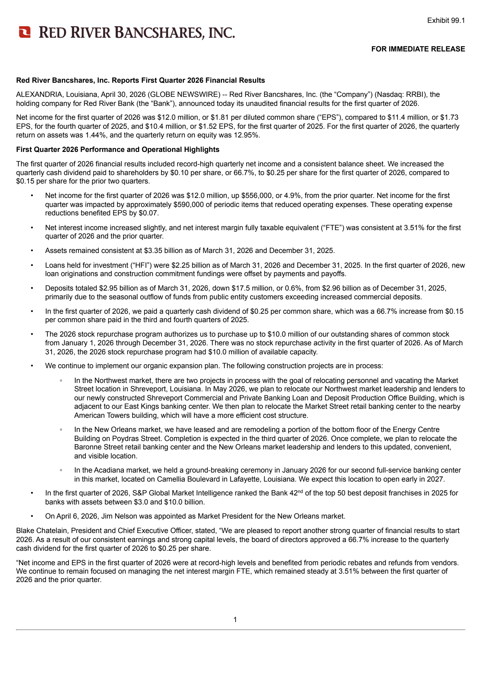 Red River Bancshares' Q1 2026 Press Release