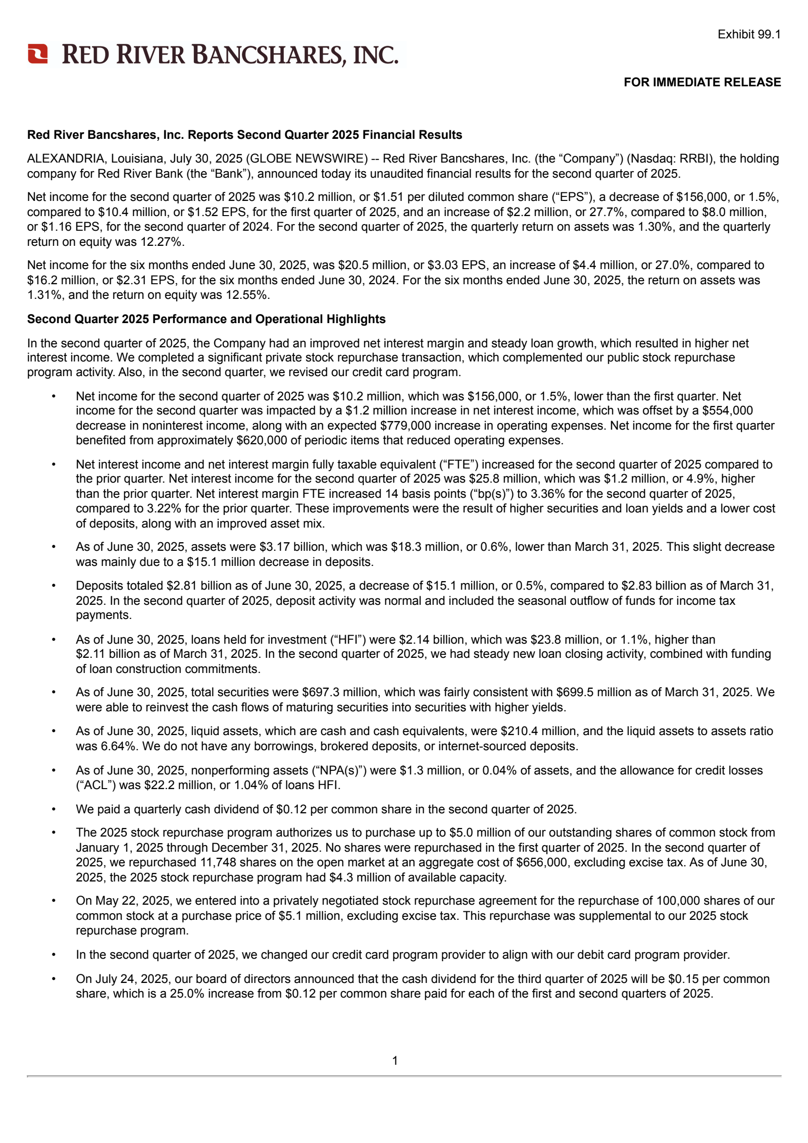 Red River Bancshares' Q2 2025 Press Release