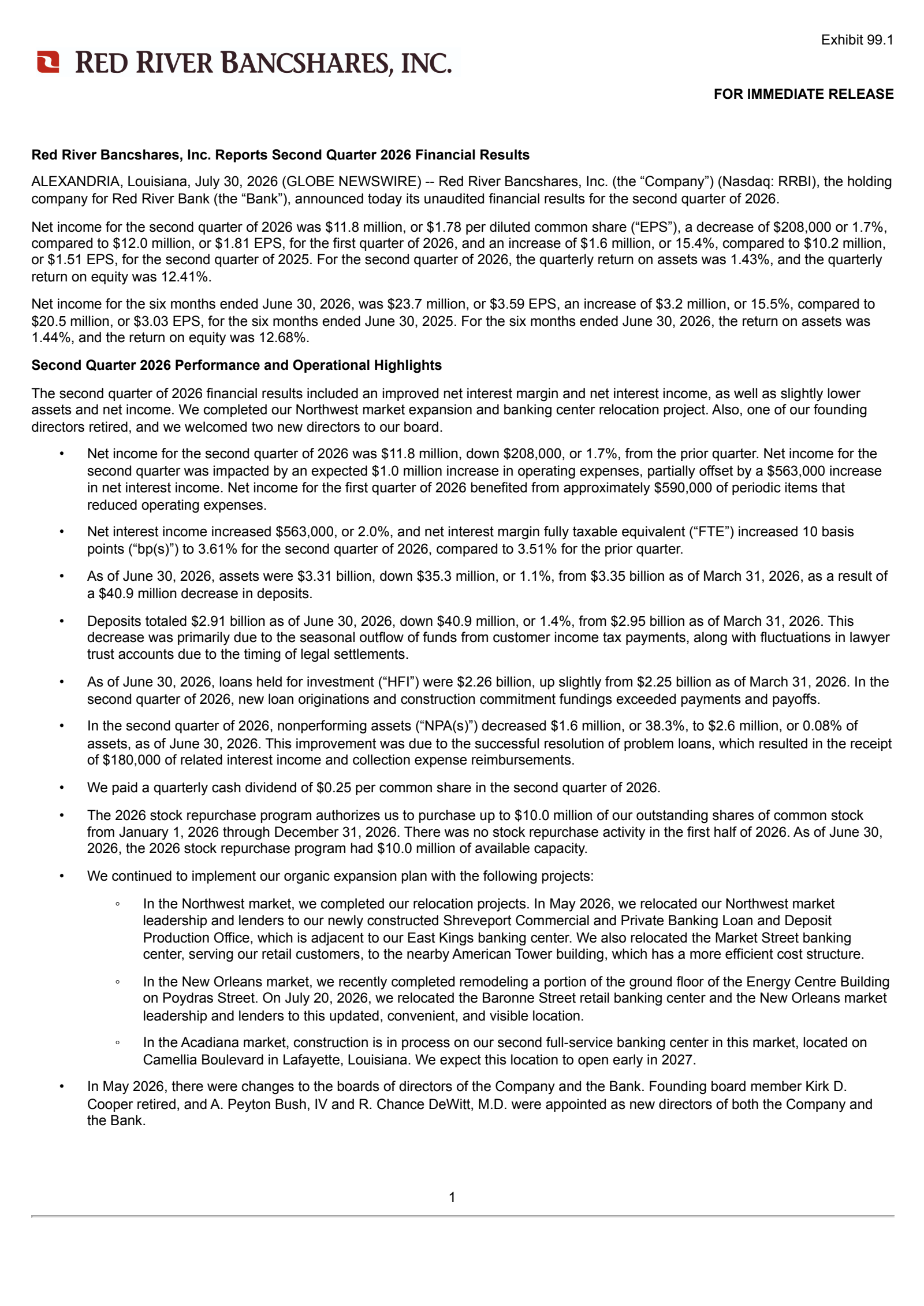 Red River Bancshares' Q2 2026 Press Release