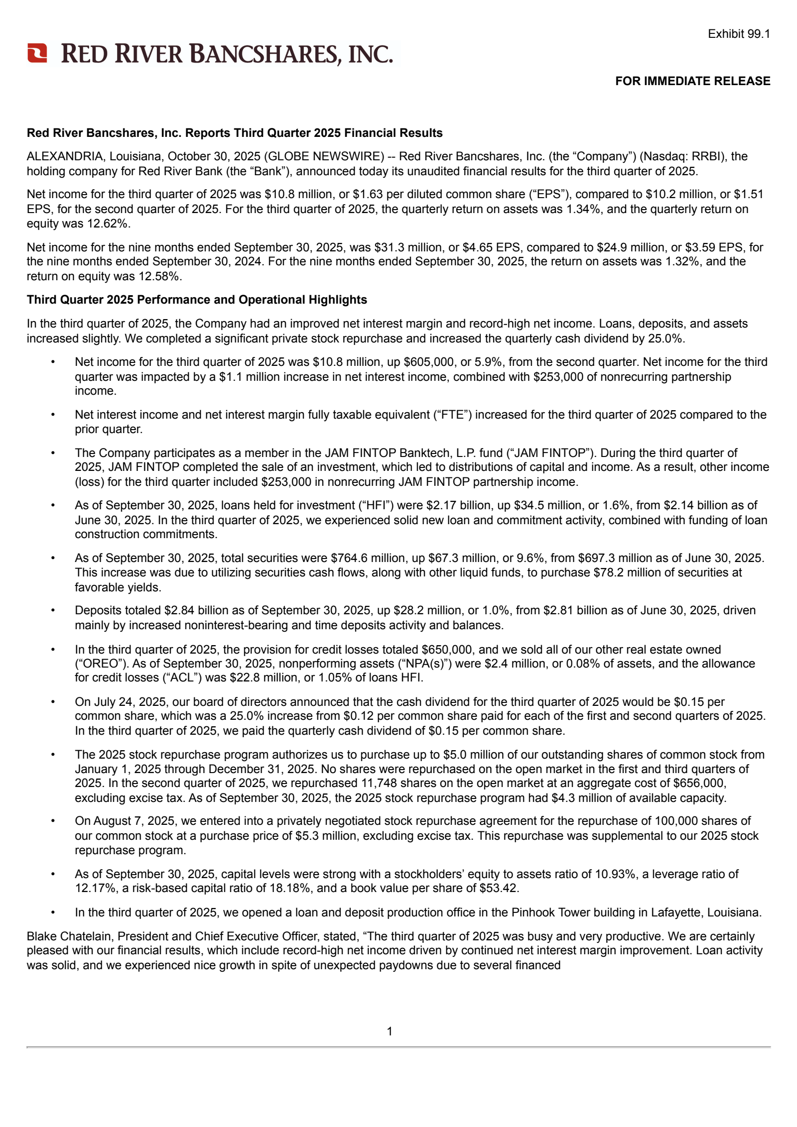 Red River Bancshares' Q3 2025 Earnings Release
