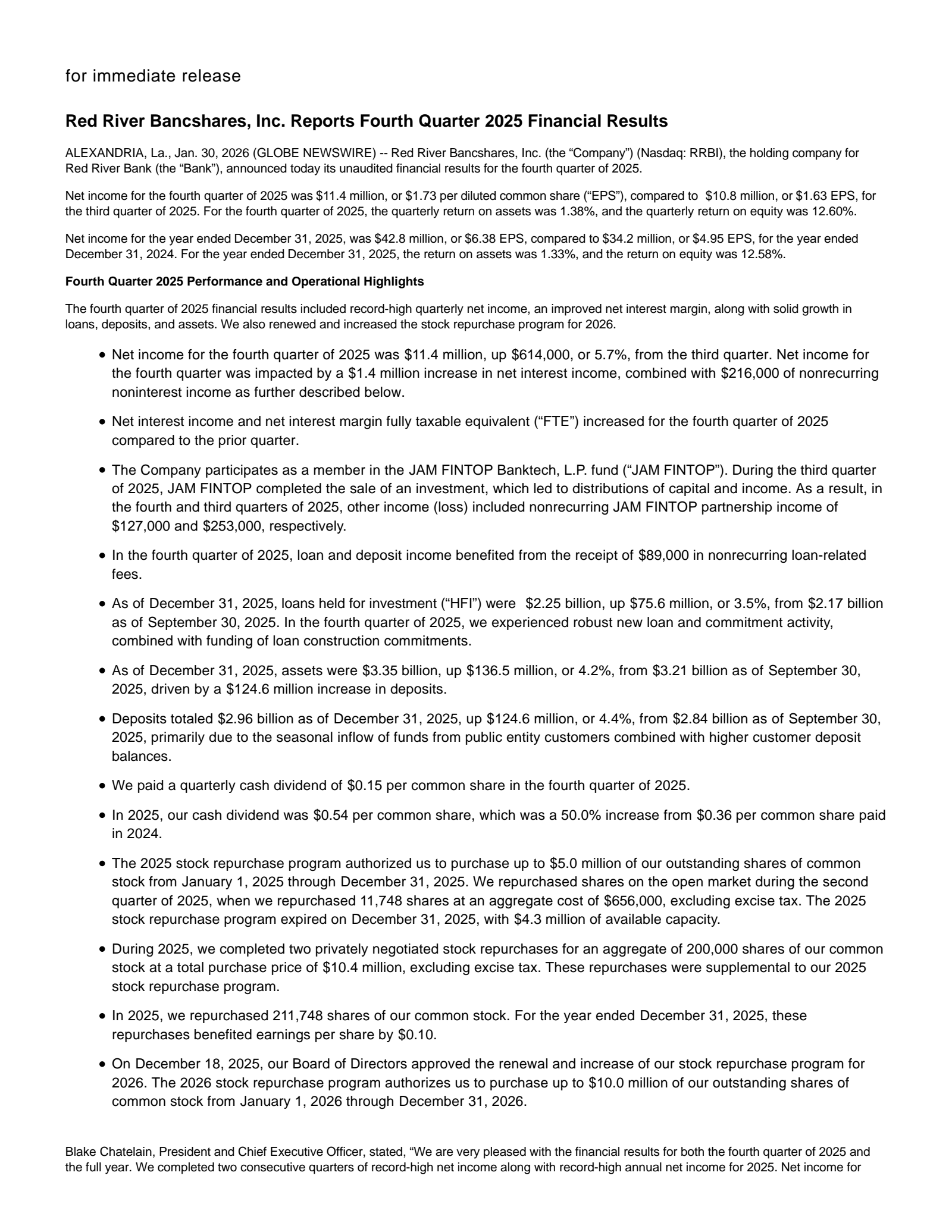 Red River Bancshares' Q4 2025 Press Release