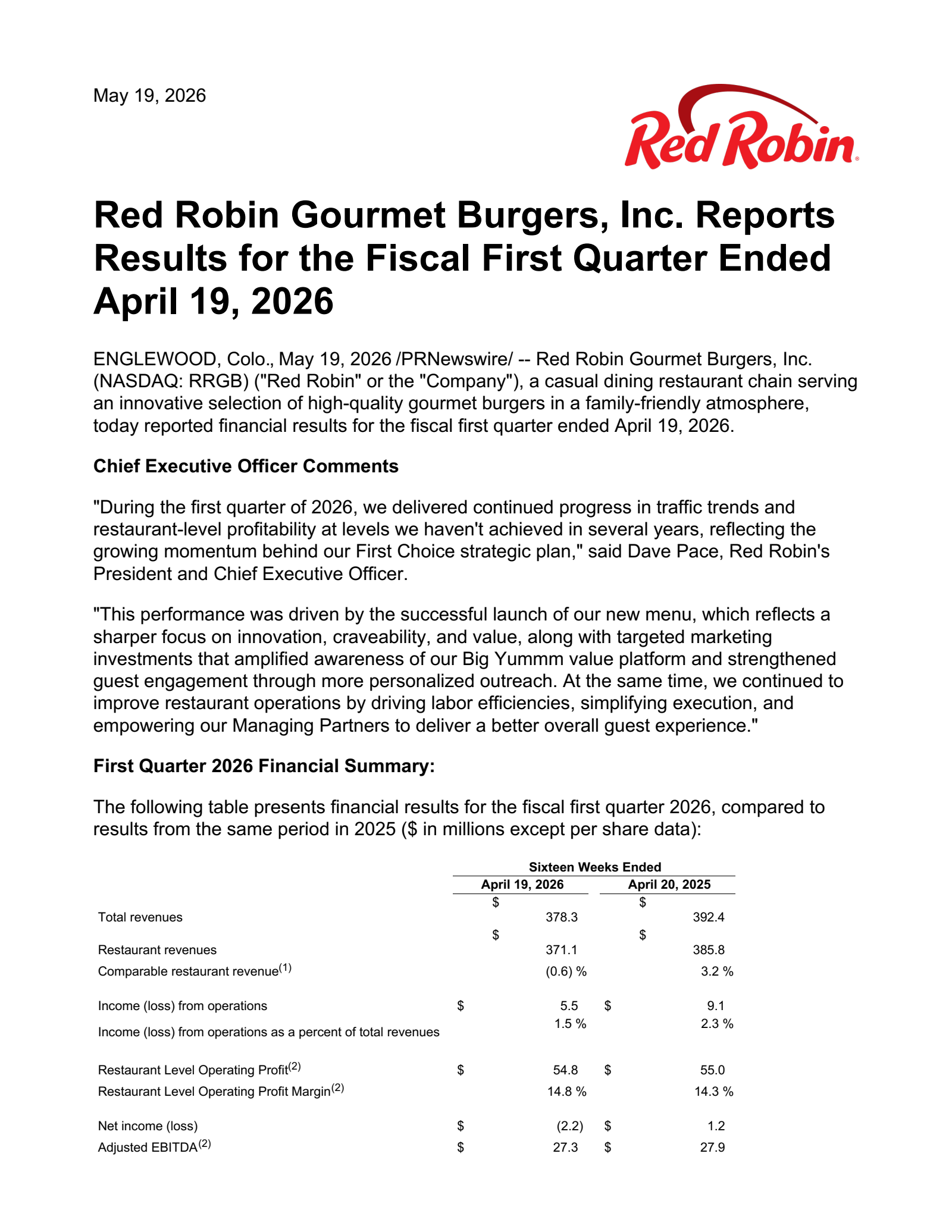Red Robin Gourmet Burgers' Q1 2026 Press Release
