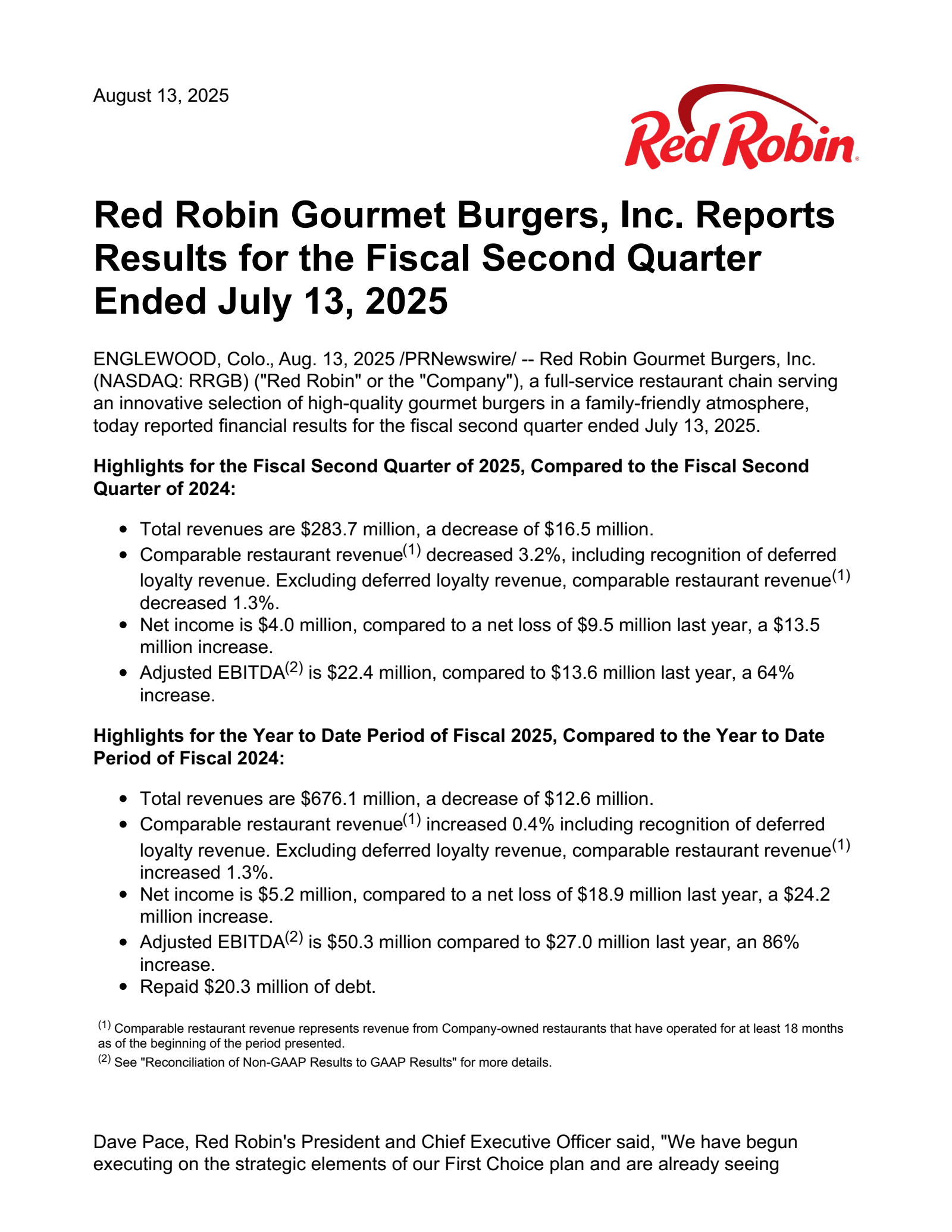 Red Robin Gourmet Burgers' Q2 2025 Press Release