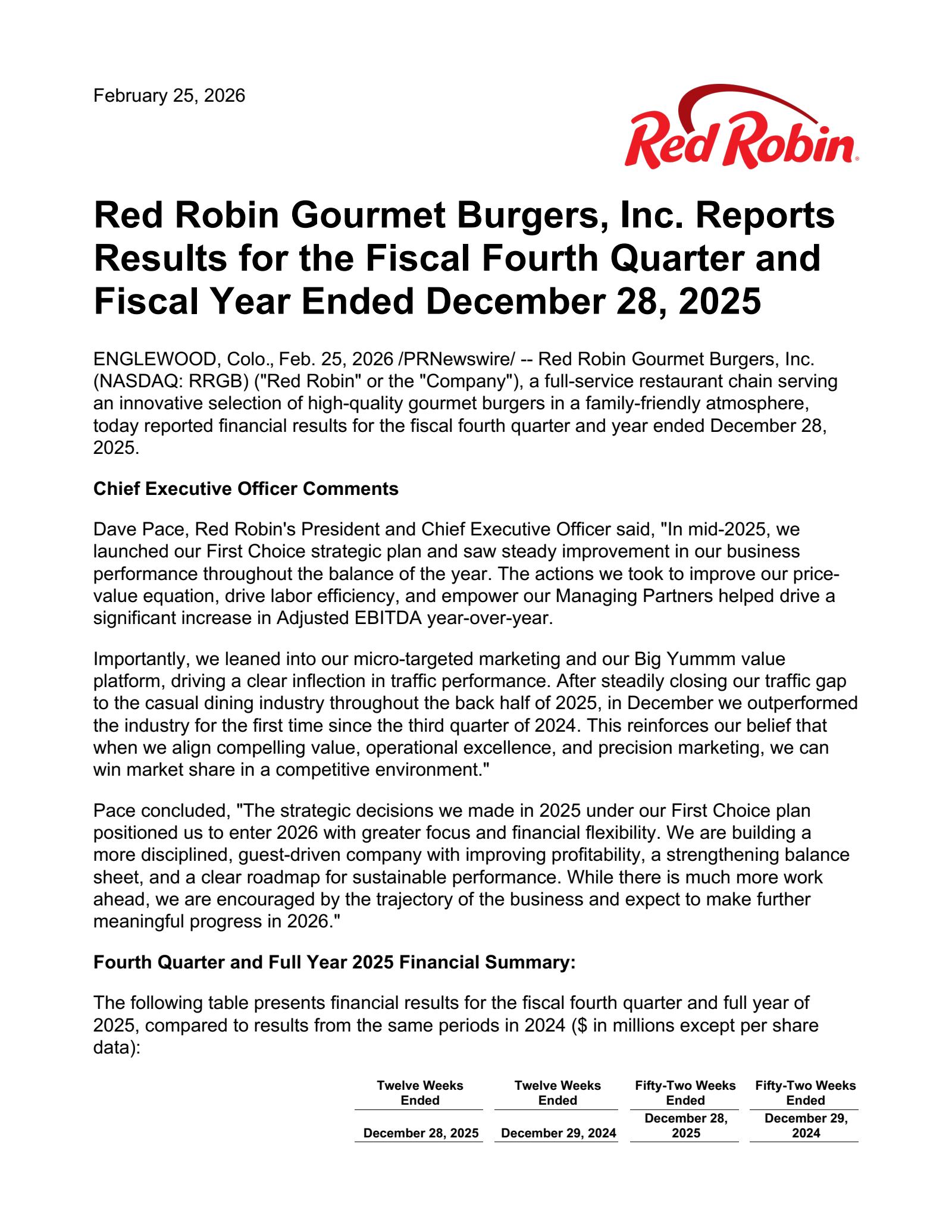 Red Robin Gourmet Burgers' Q4 2025 Press Release