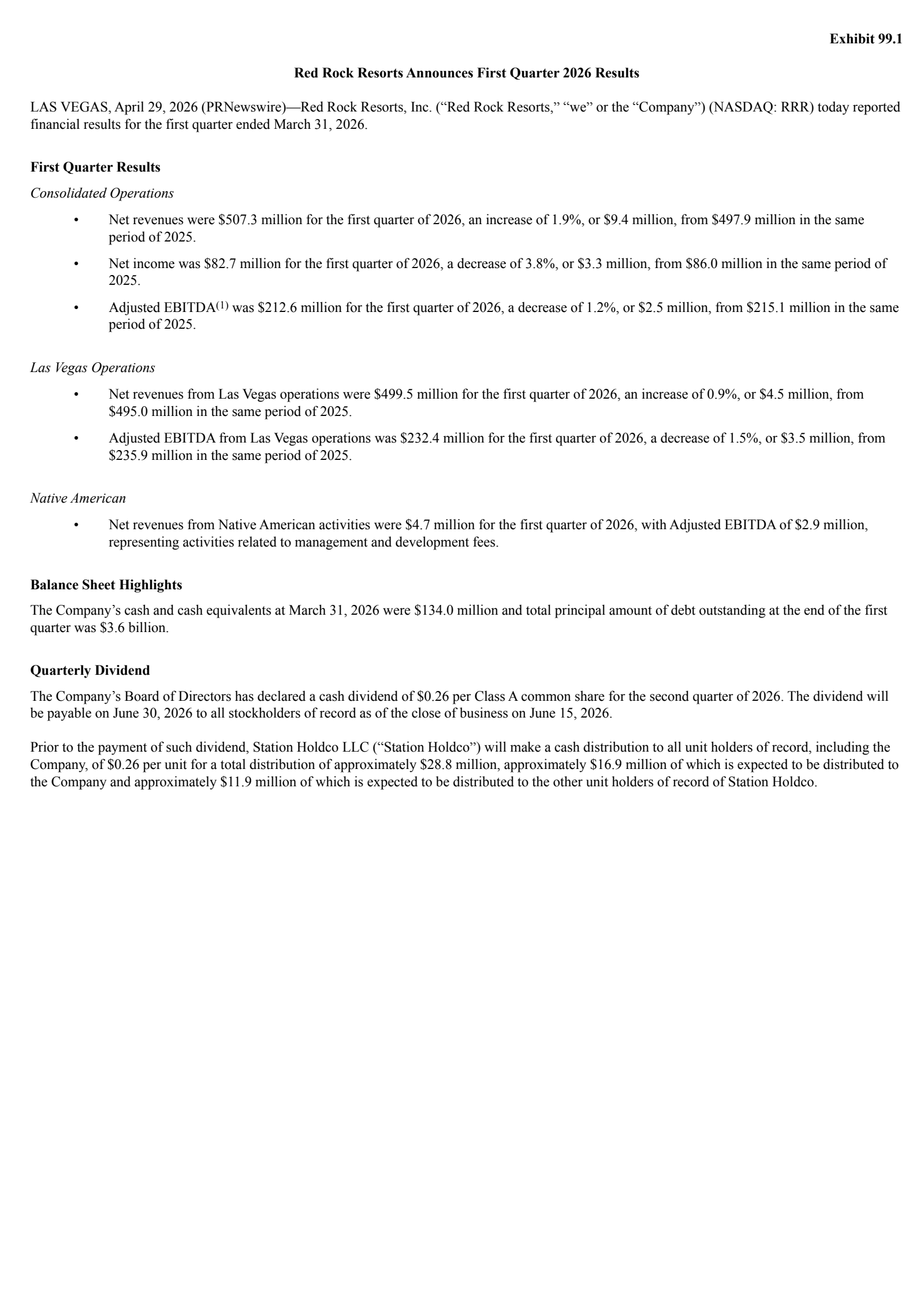 Red Rock Resorts' Q1 2026 Press Release