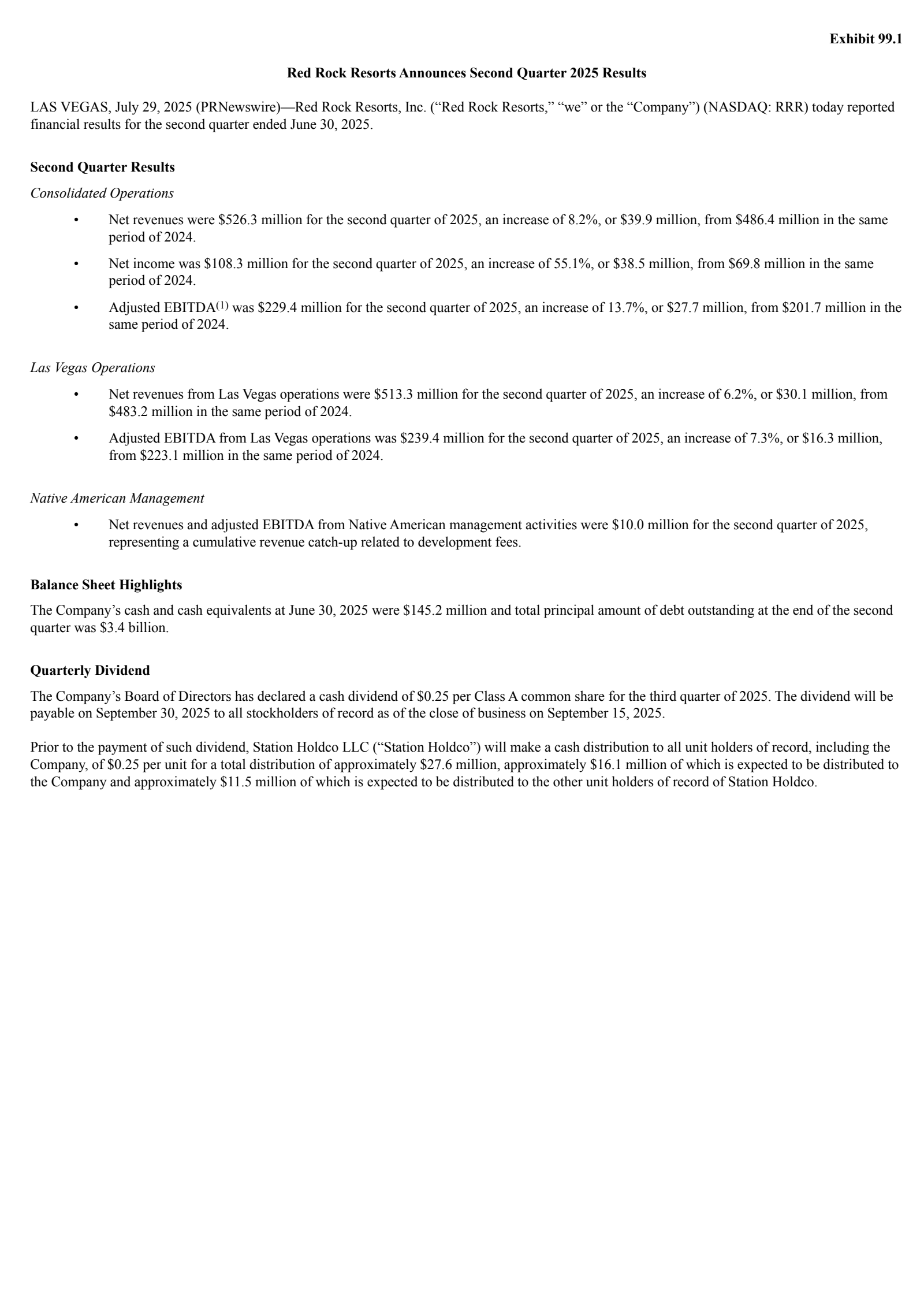 Red Rock Resorts' Q2 2025 Press Release