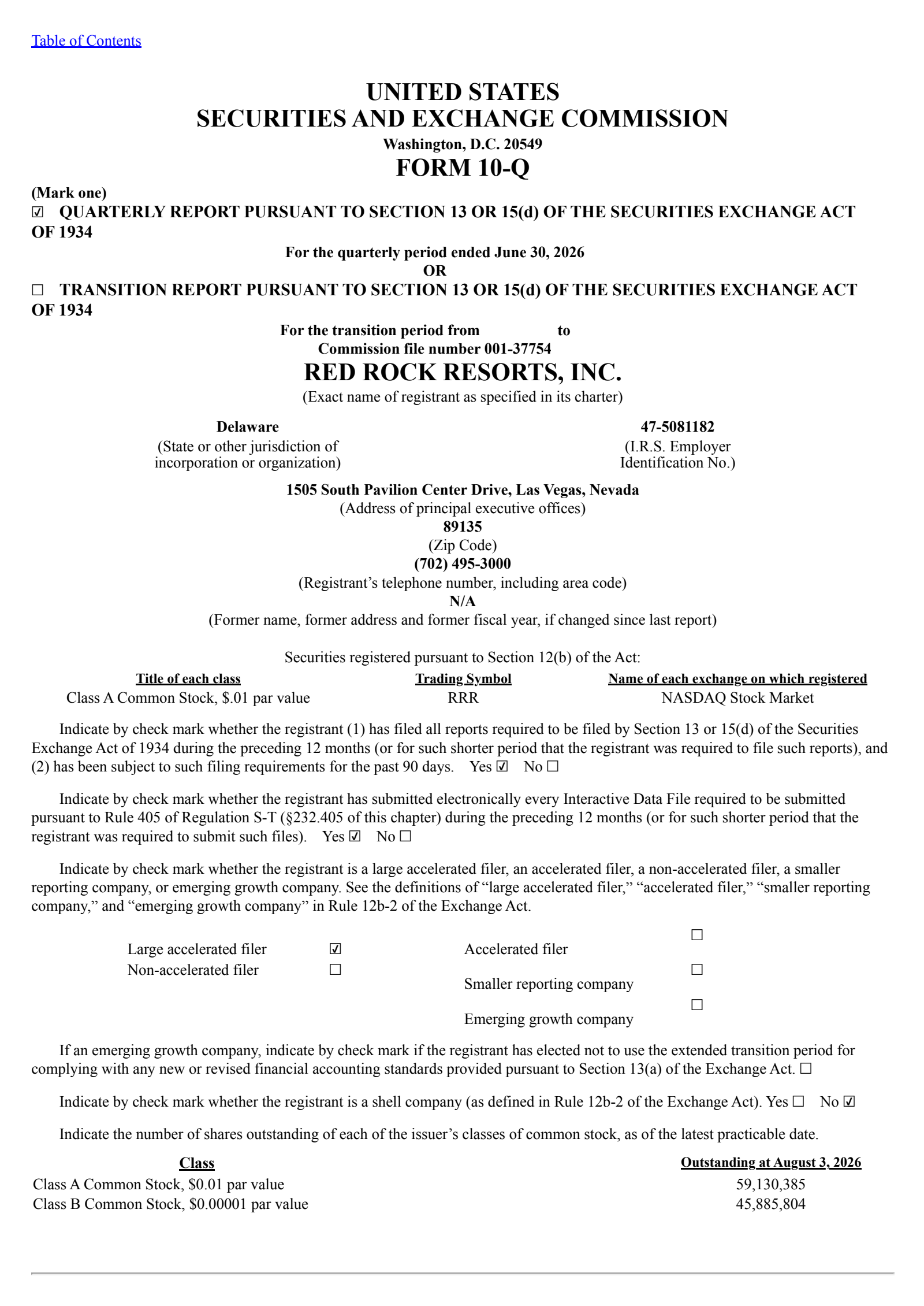 Red Rock Resorts' Q2 2026 Quarterly report