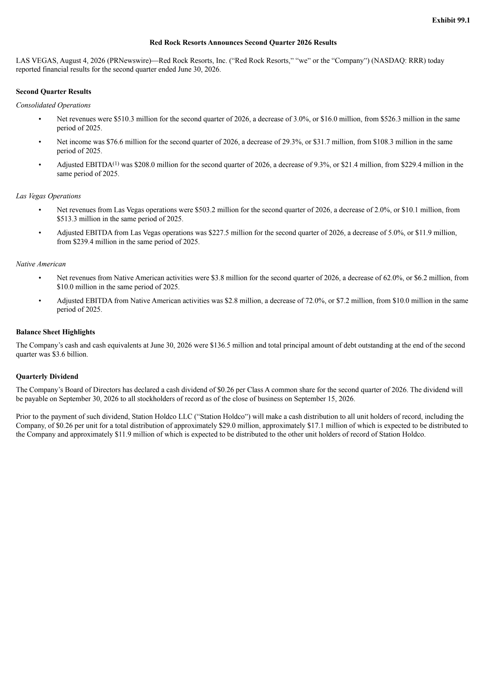 Red Rock Resorts' Q2 2026 Press Release