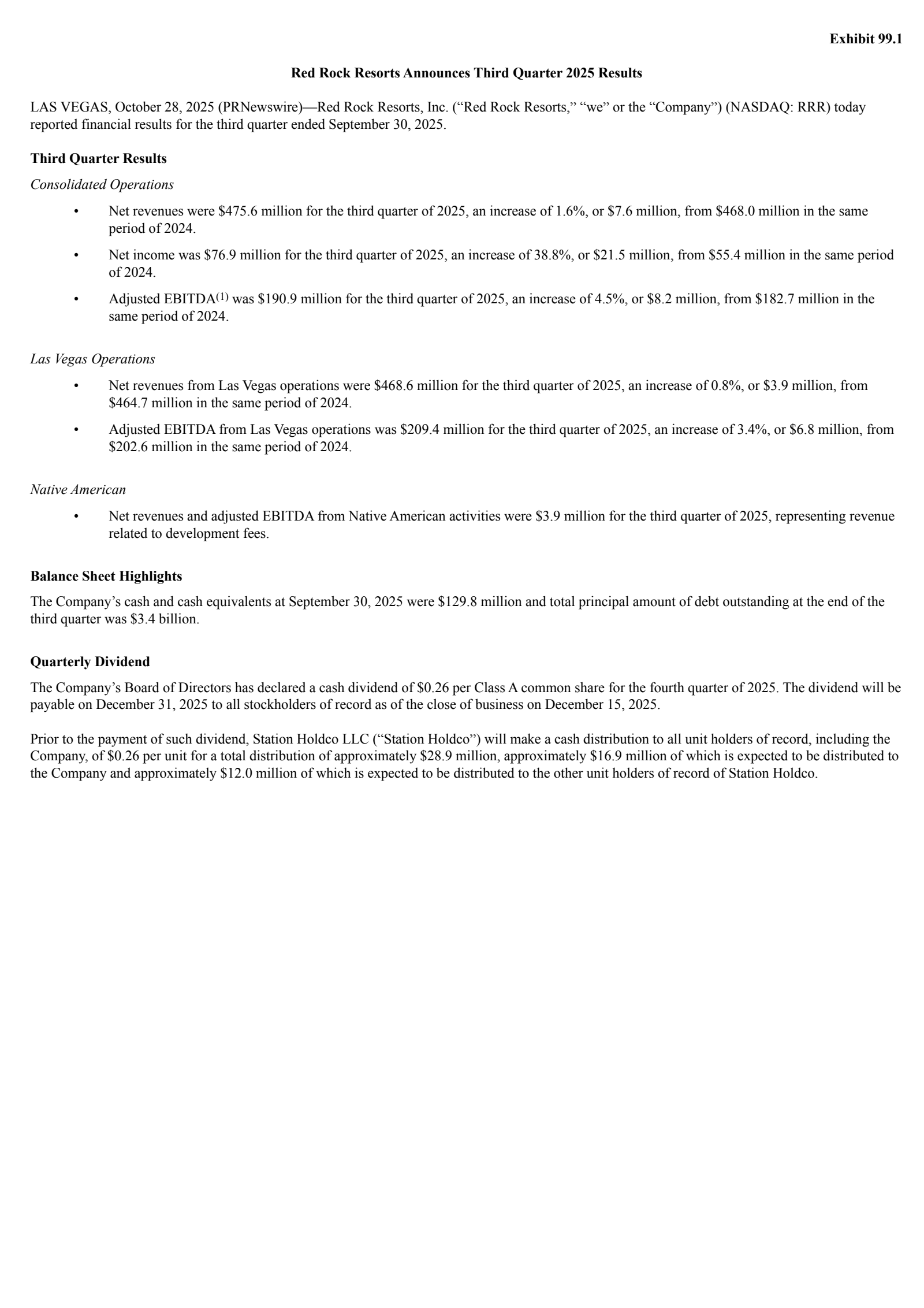 Red Rock Resorts' Q3 2025 Earnings Release