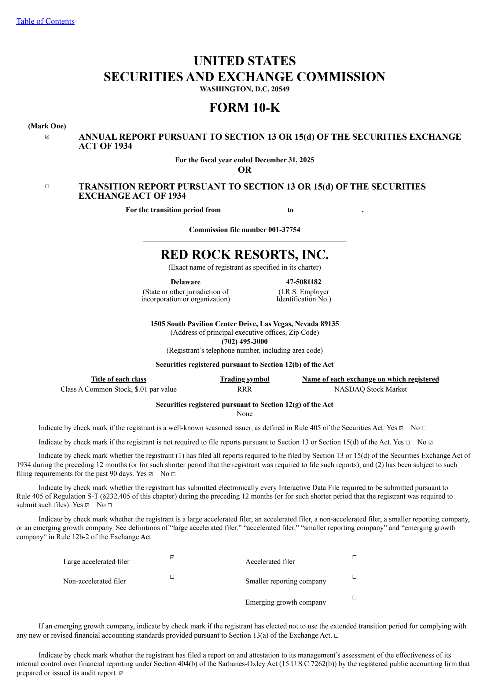 Red Rock Resorts' Q4 2025 Annual report