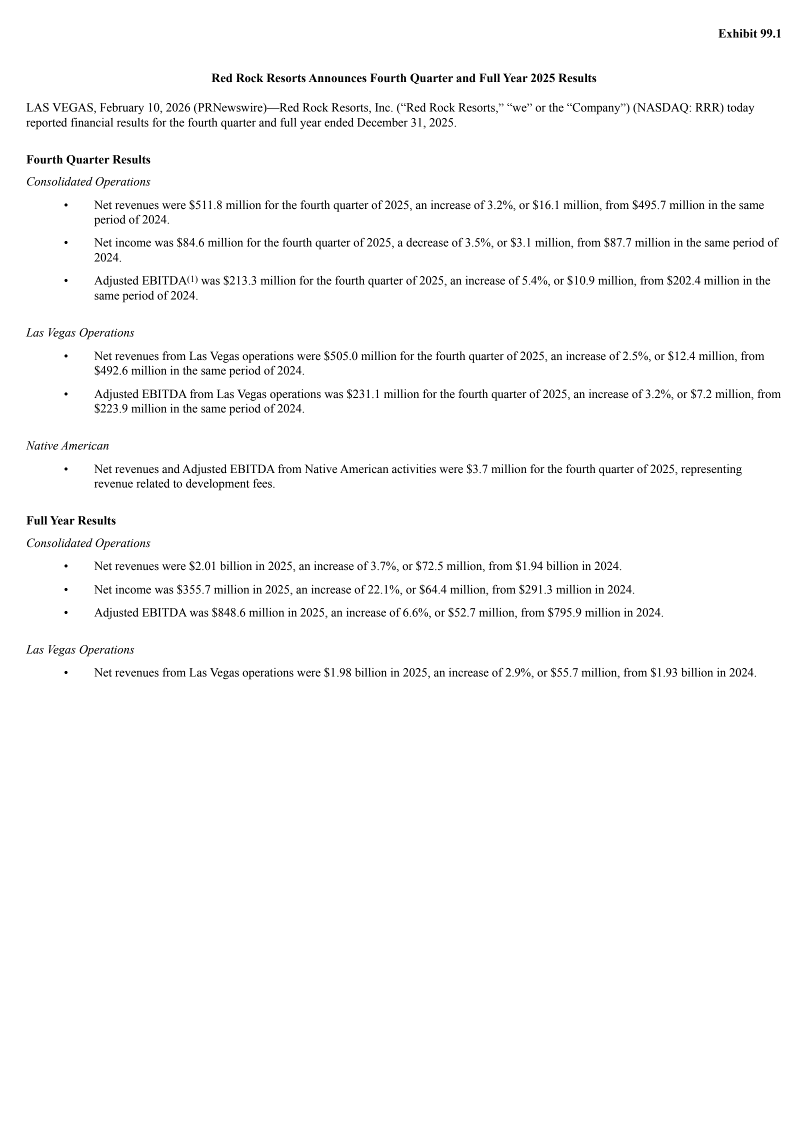 Red Rock Resorts' Q4 2025 Press Release