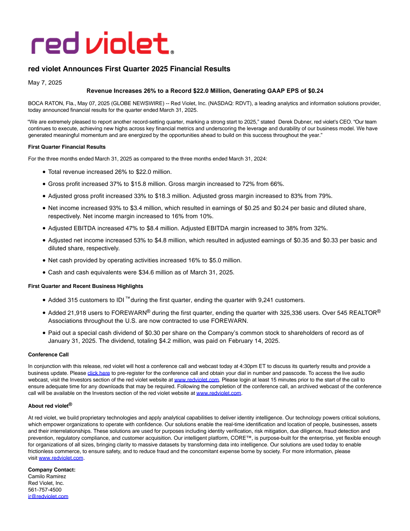 Red Violet's Q1 2025 Press Release