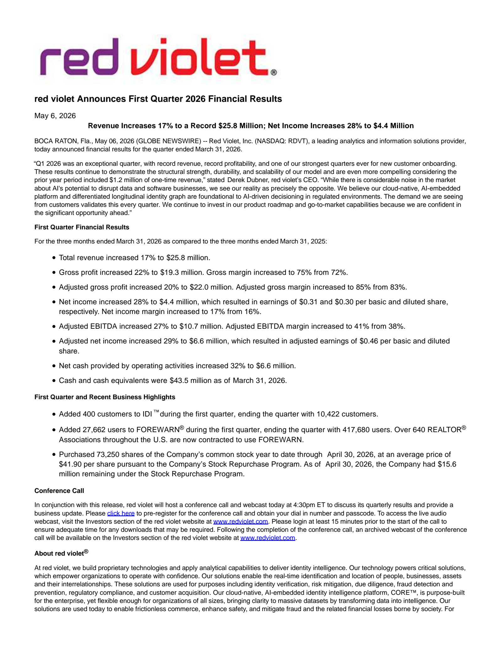 Red Violet's Q1 2026 Press Release