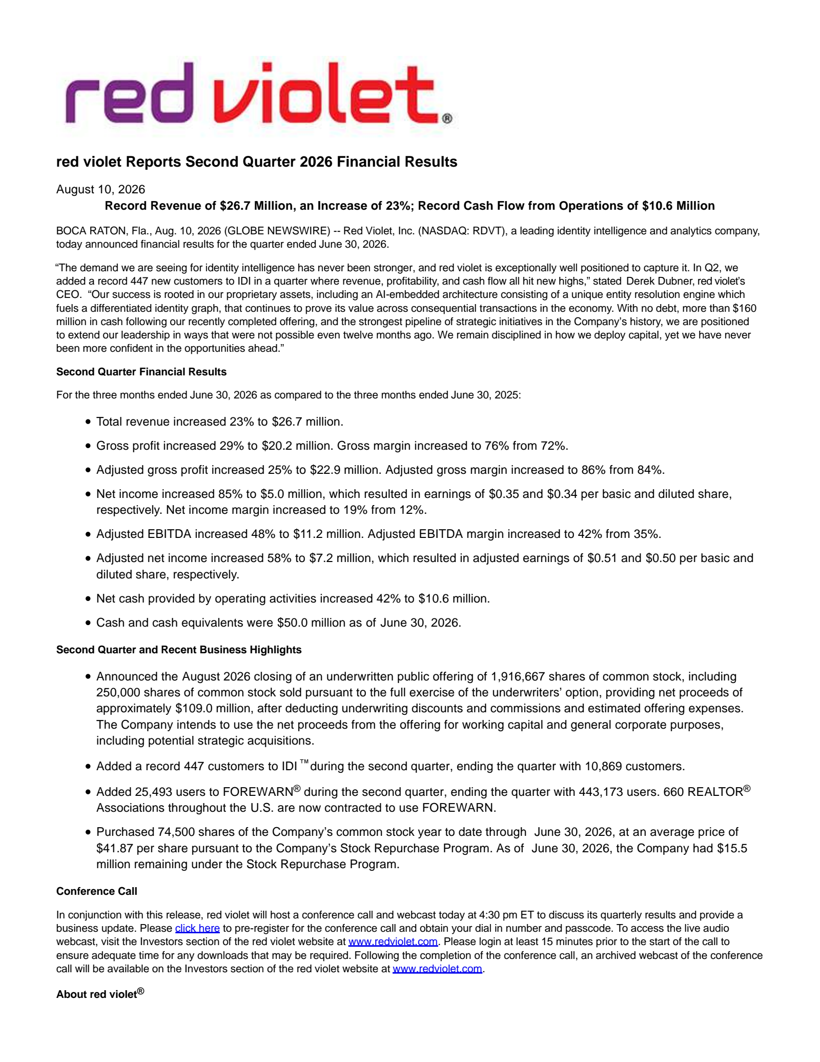 Red Violet's Q2 2026 Press Release