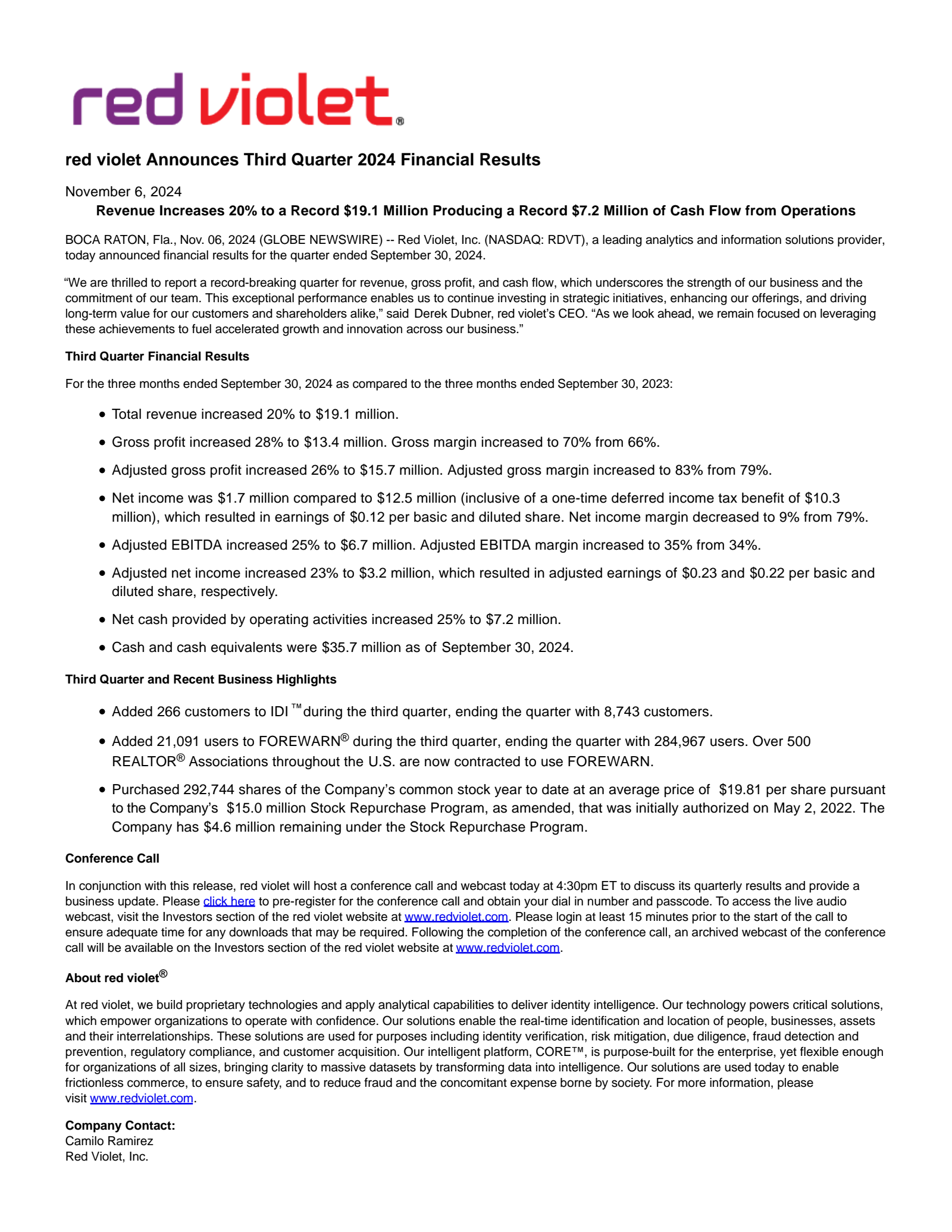 Red Violet's Q3 2024 Press Release
