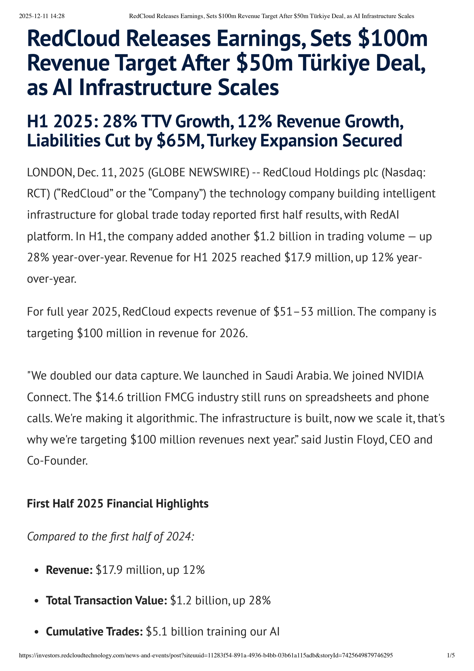 RedCloud's H1 2025 Earnings Release