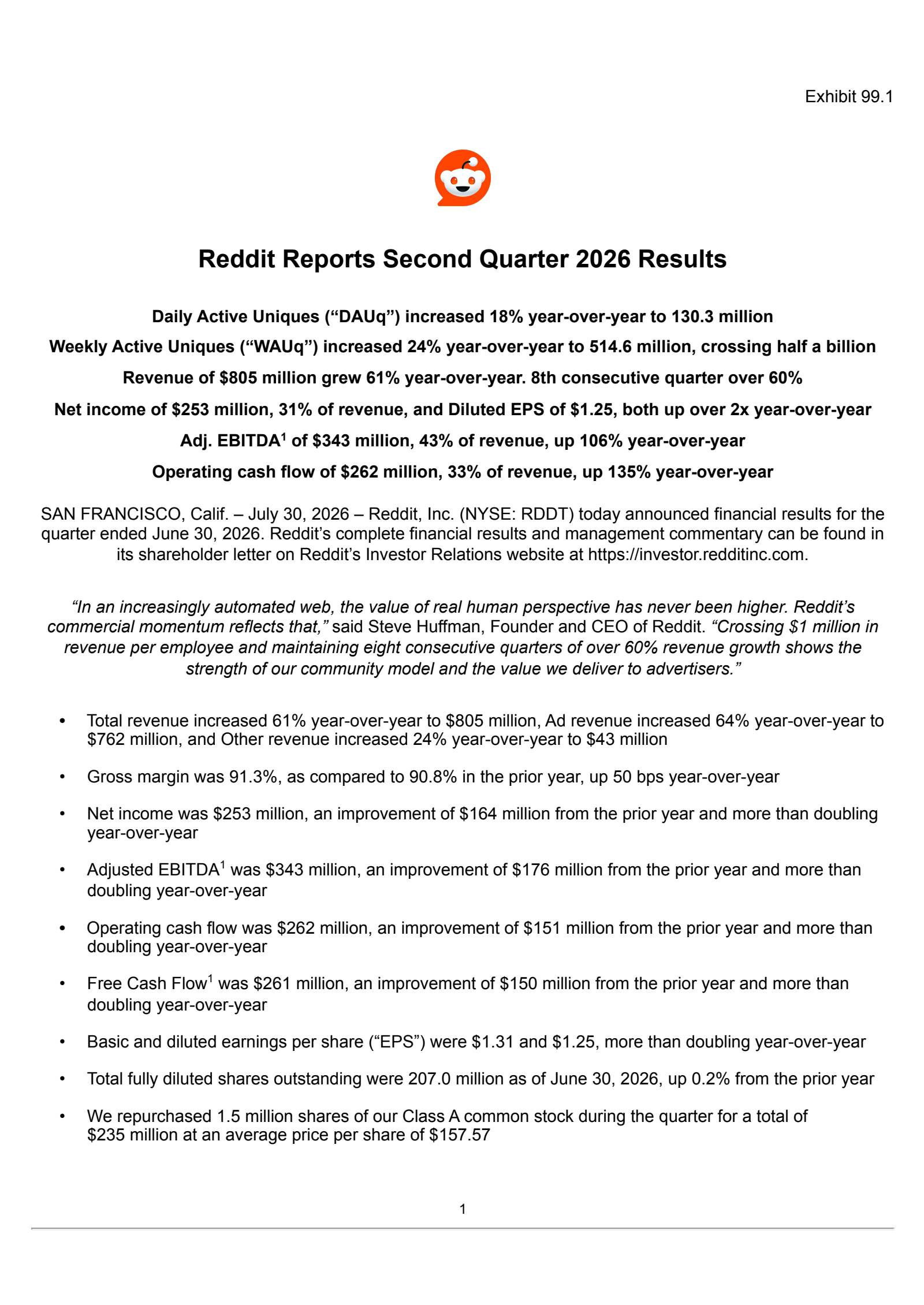 Reddit's Q2 2026 Press Release