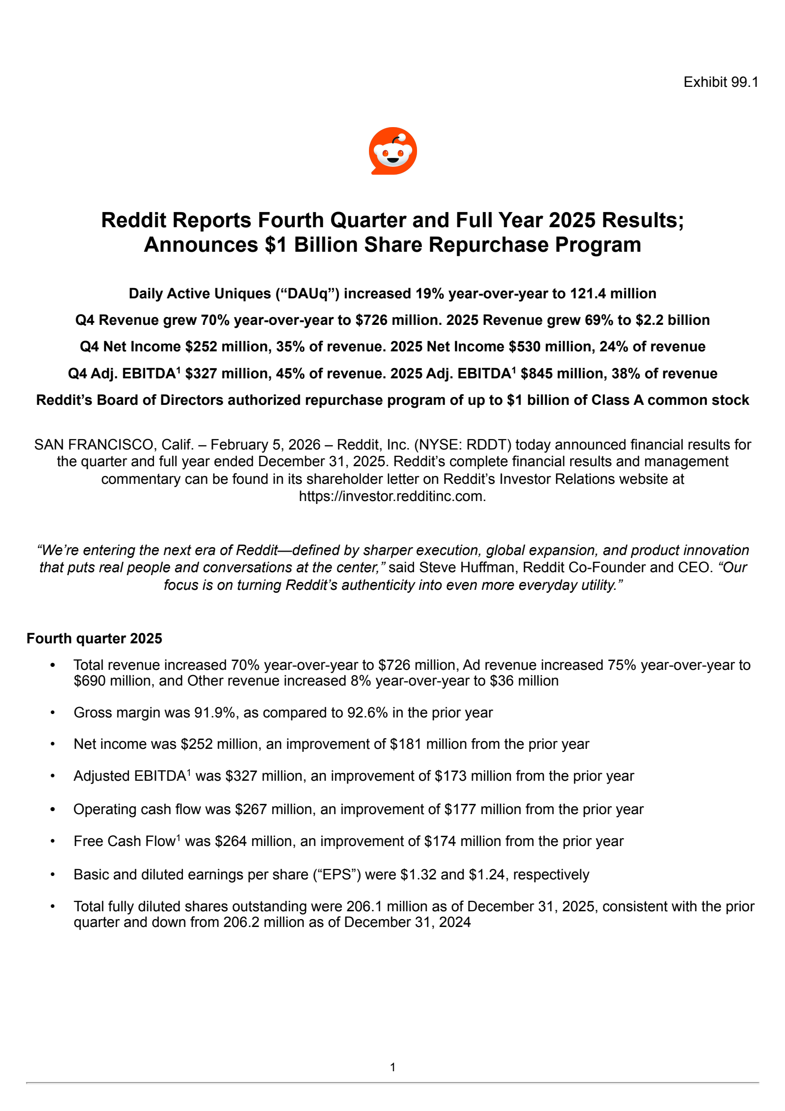 Reddit's Q4 2025 Press Release