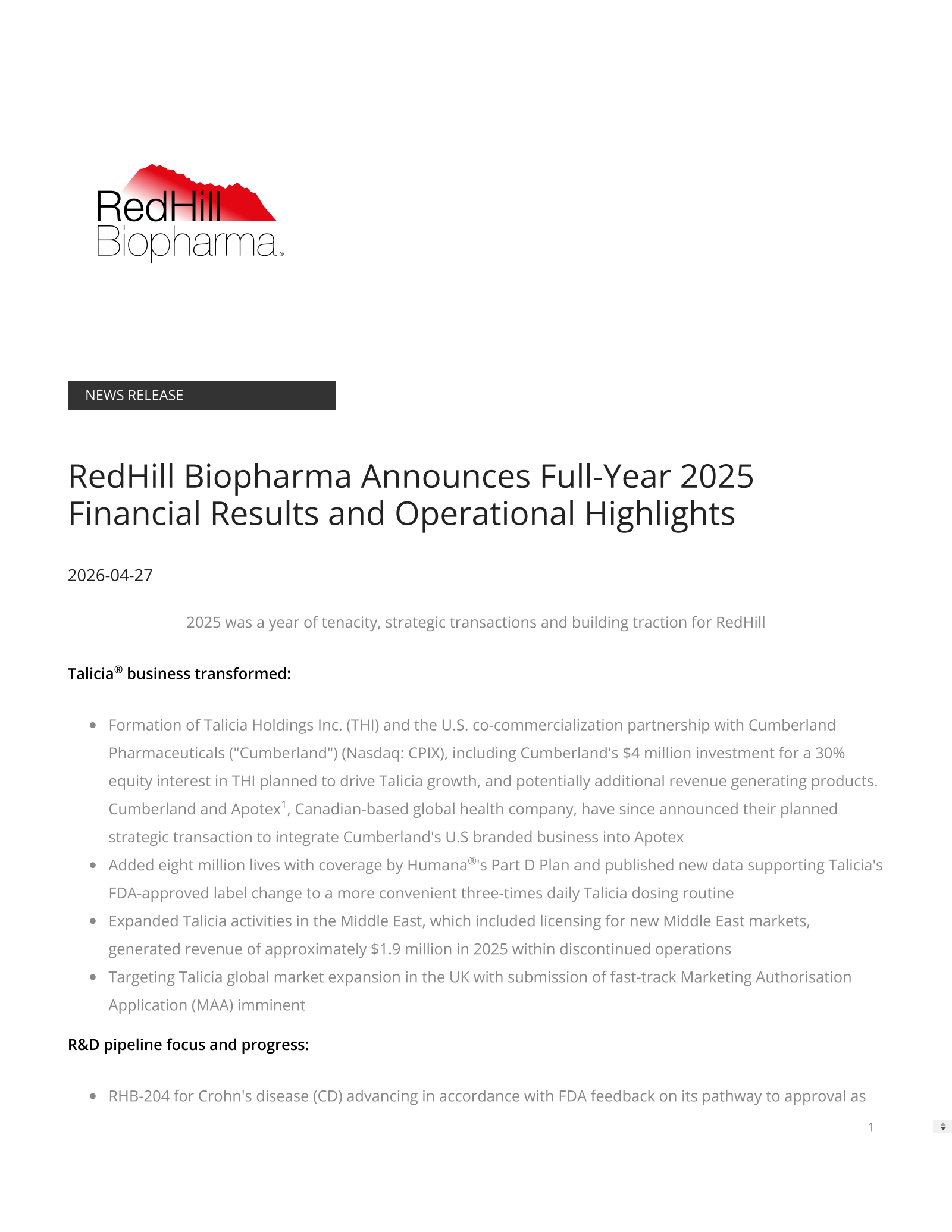 Redhill Biopharma's H2 24/25 Press Release