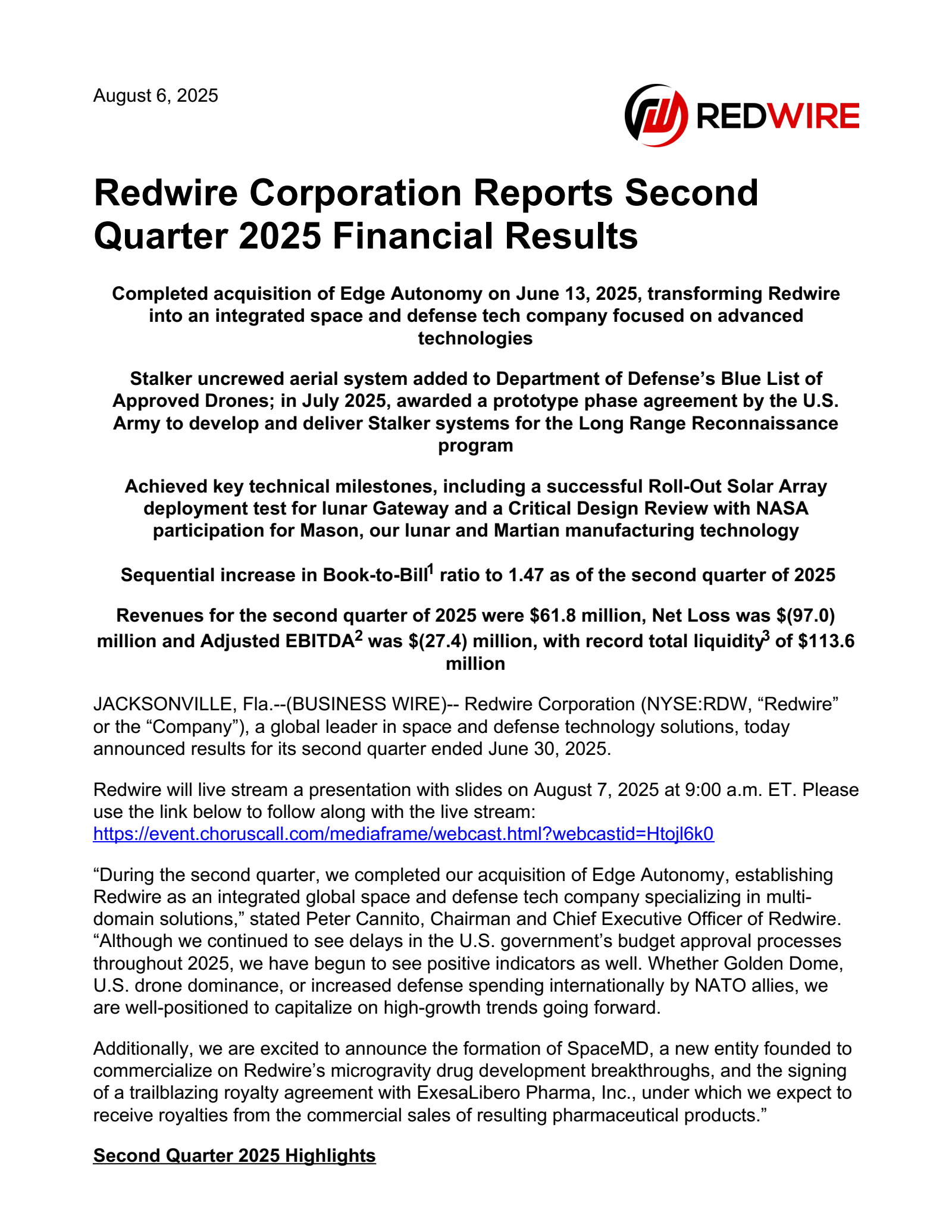 Redwire's Q2 2025 Press Release