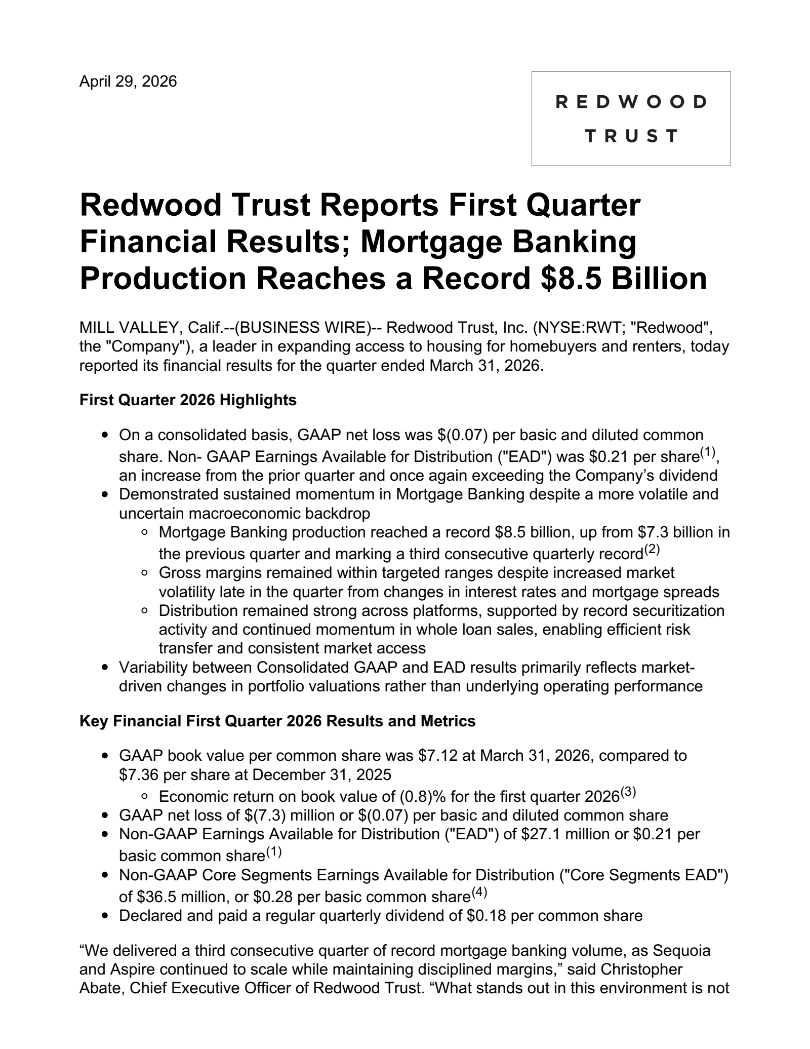 Redwood Trust's Q1 2026 Press Release