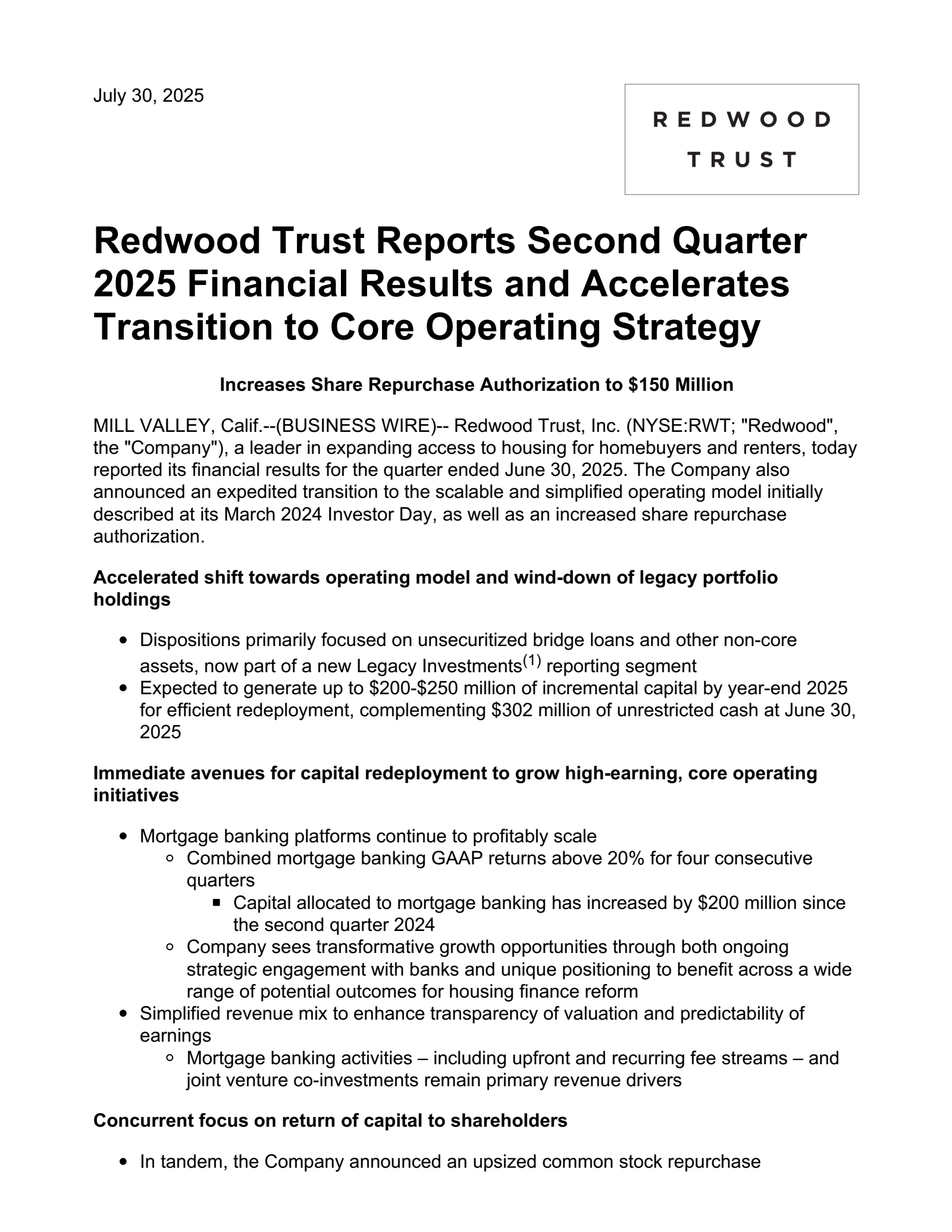 Redwood Trust's Q2 2025 Press Release