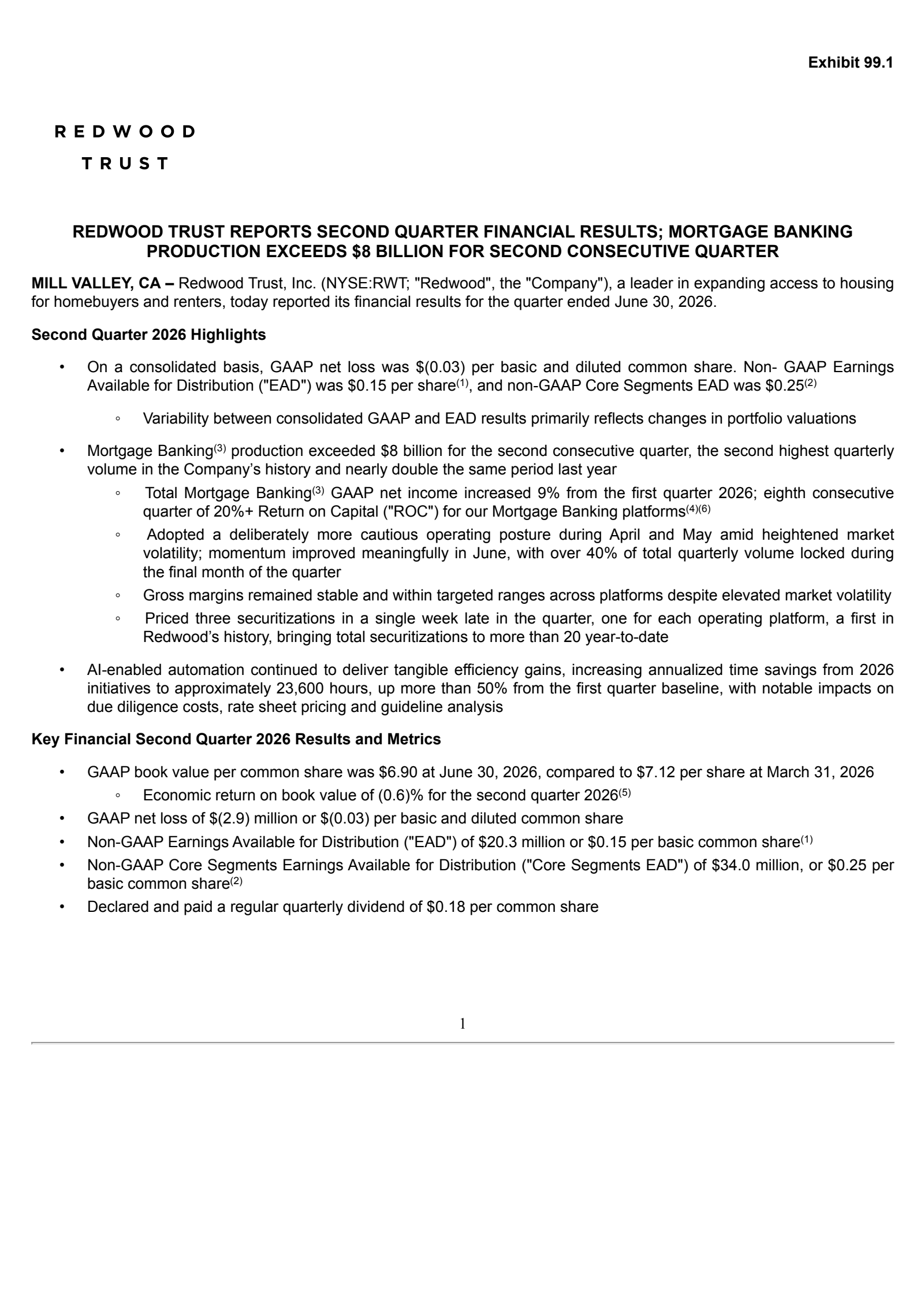 Redwood Trust's Q2 2026 Press Release