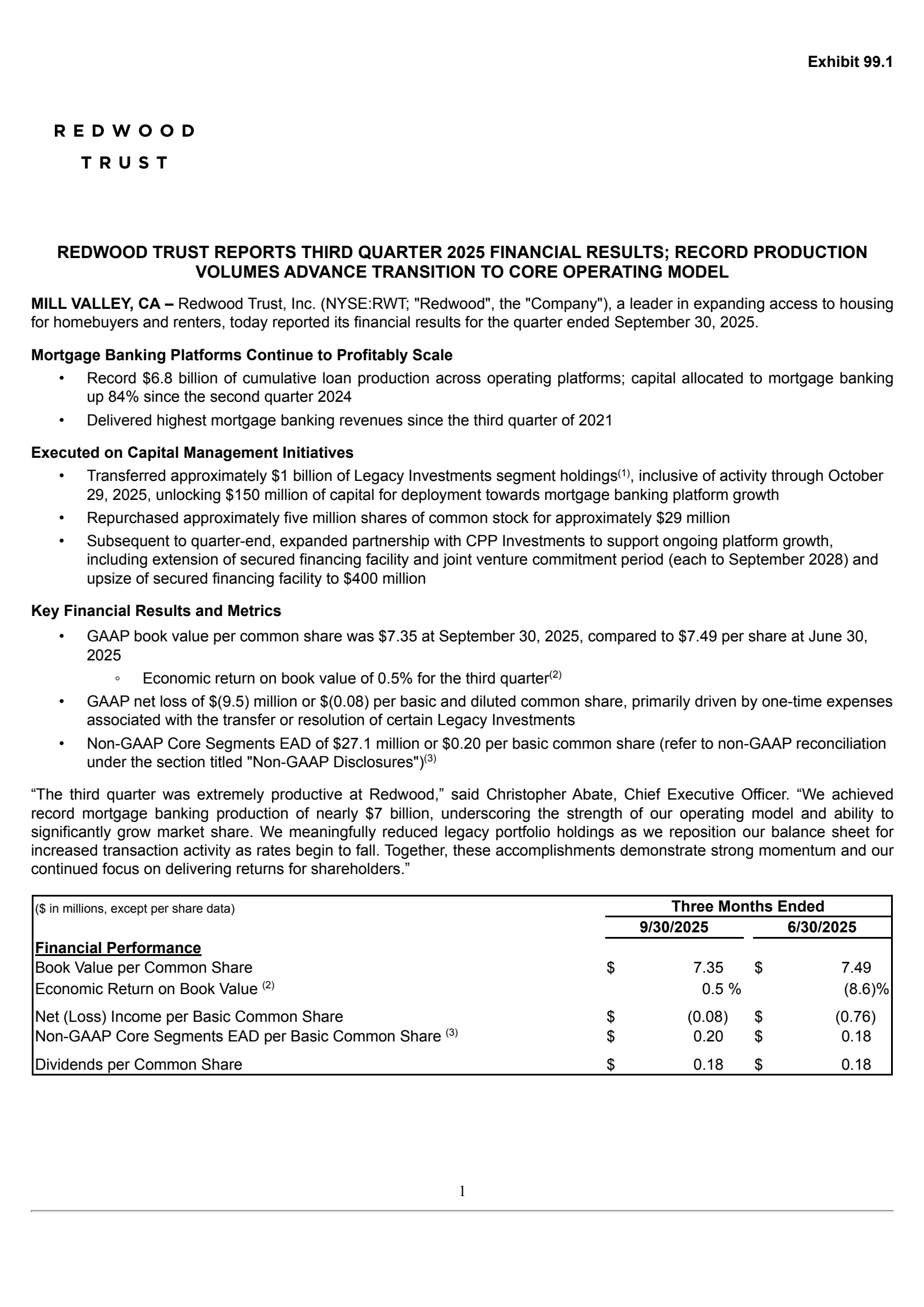 Redwood Trust's Q3 2025 Earnings Release