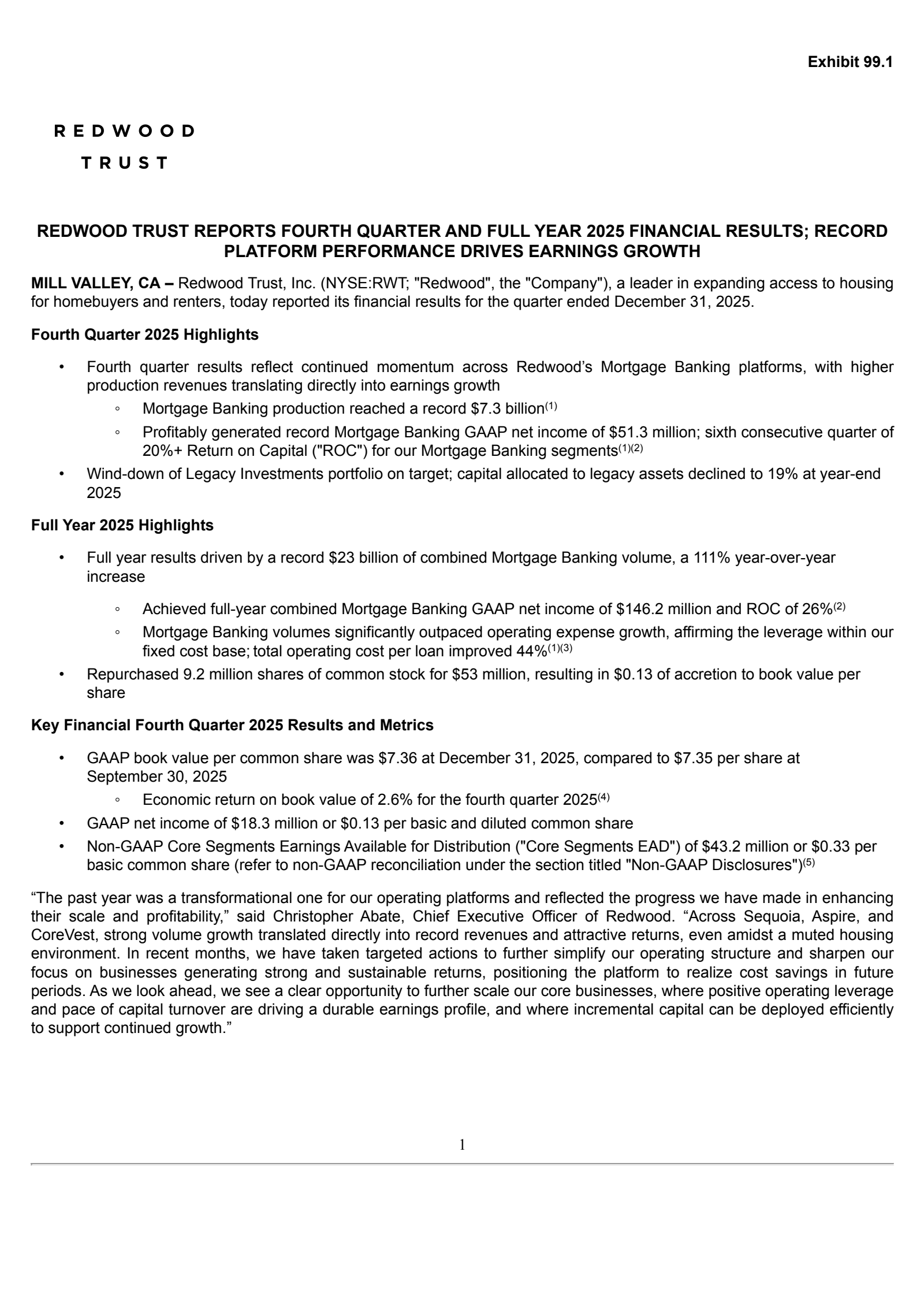 Redwood Trust's Q4 2025 Press Release