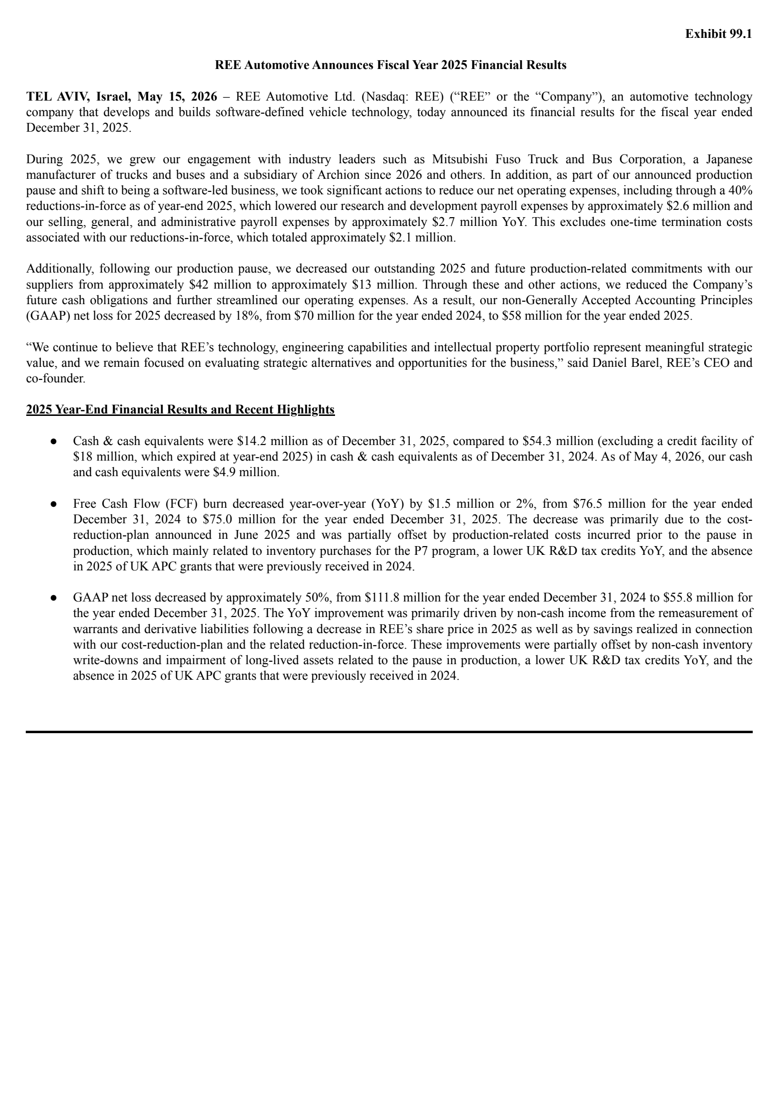 REE Automotive's Q4 2025 Press Release