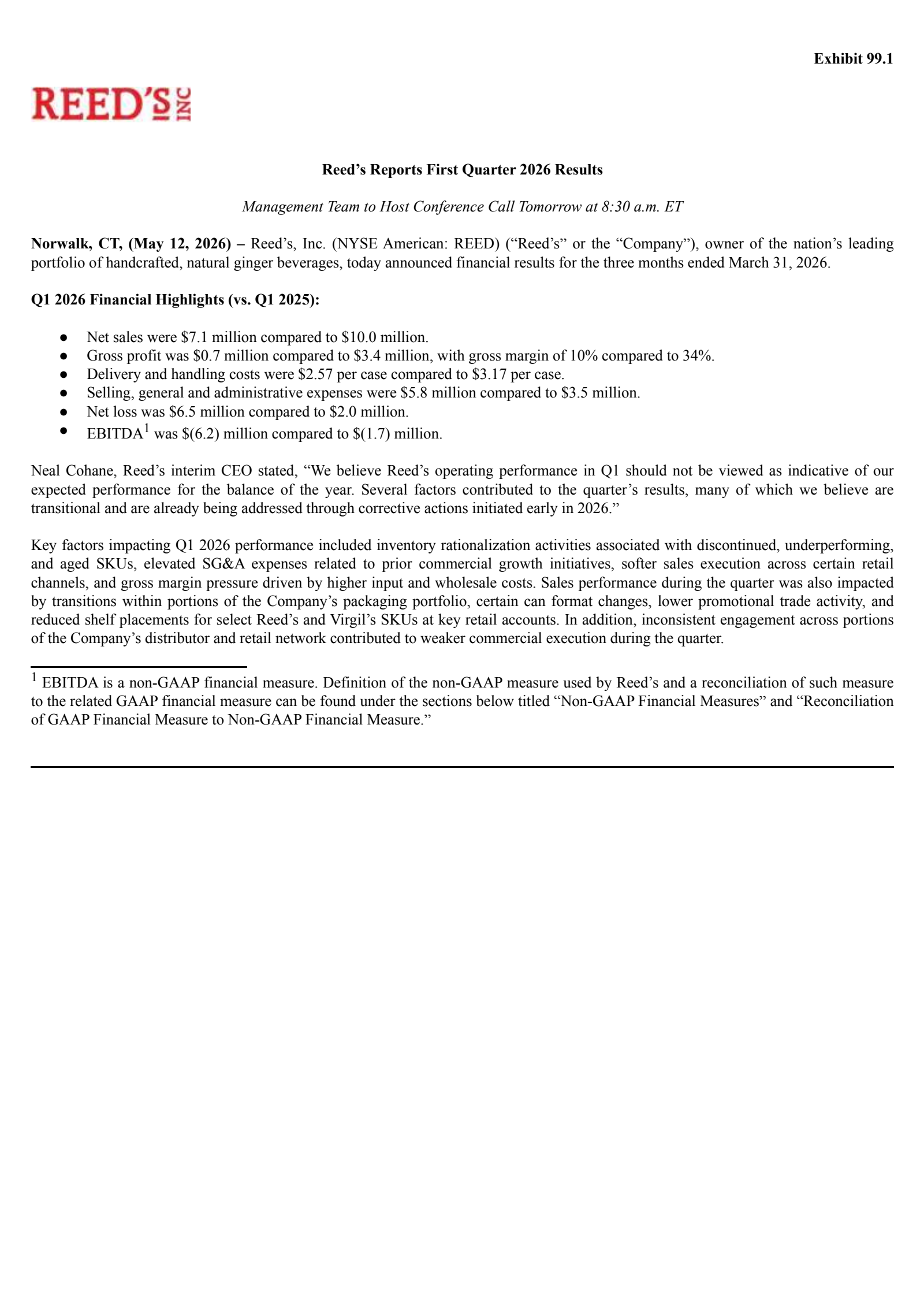 Reeds' Q1 2026 Press Release
