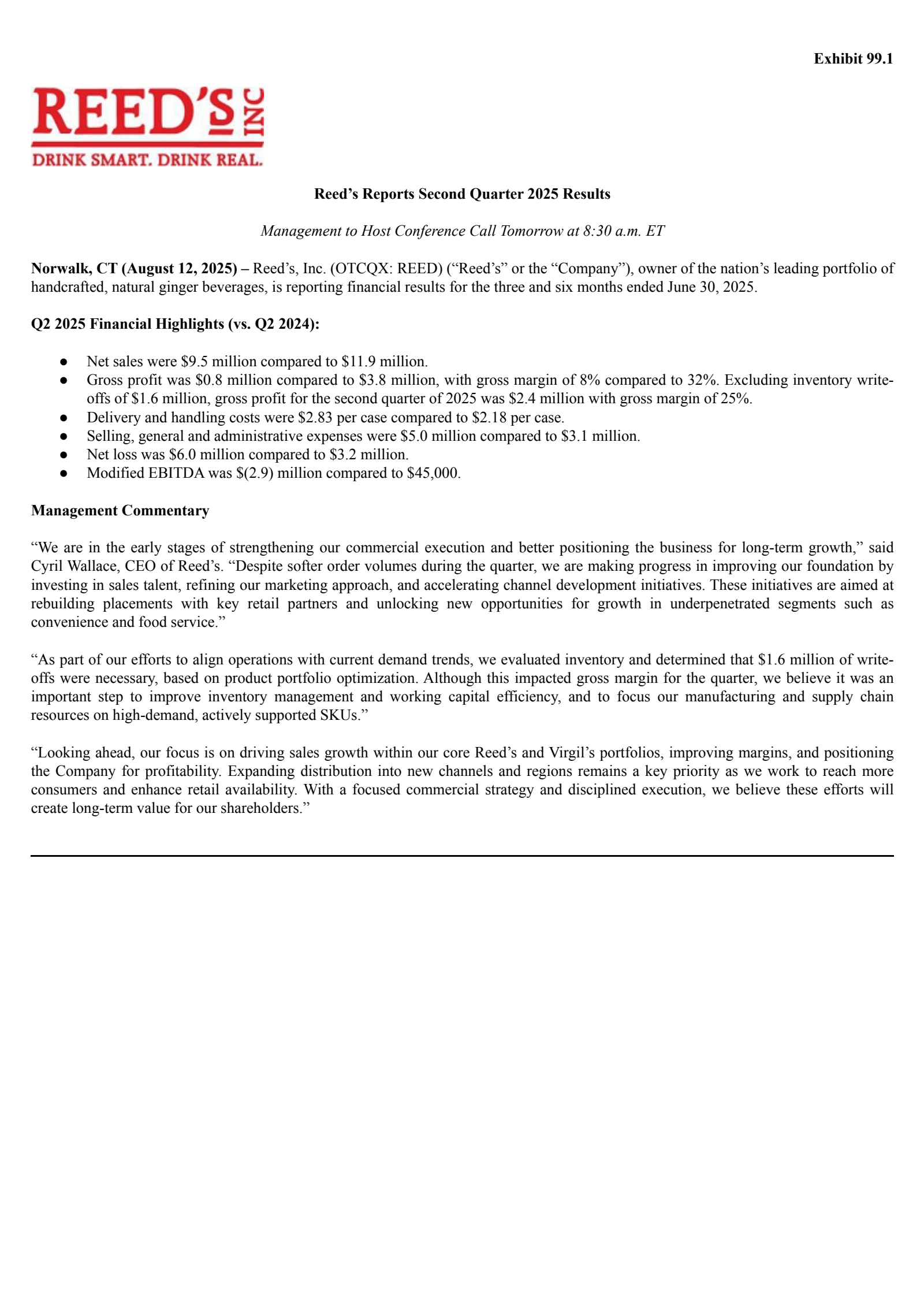 Reeds' Q2 2025 Press Release
