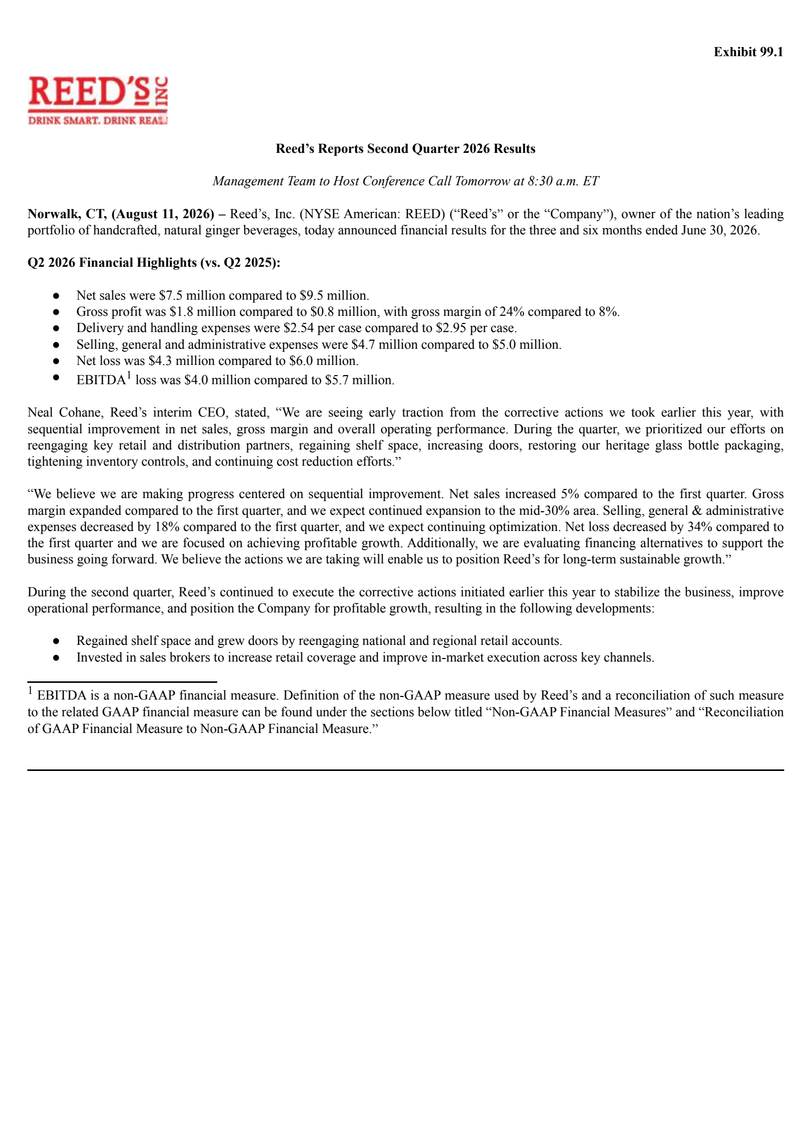 Reeds' Q2 2026 Press Release