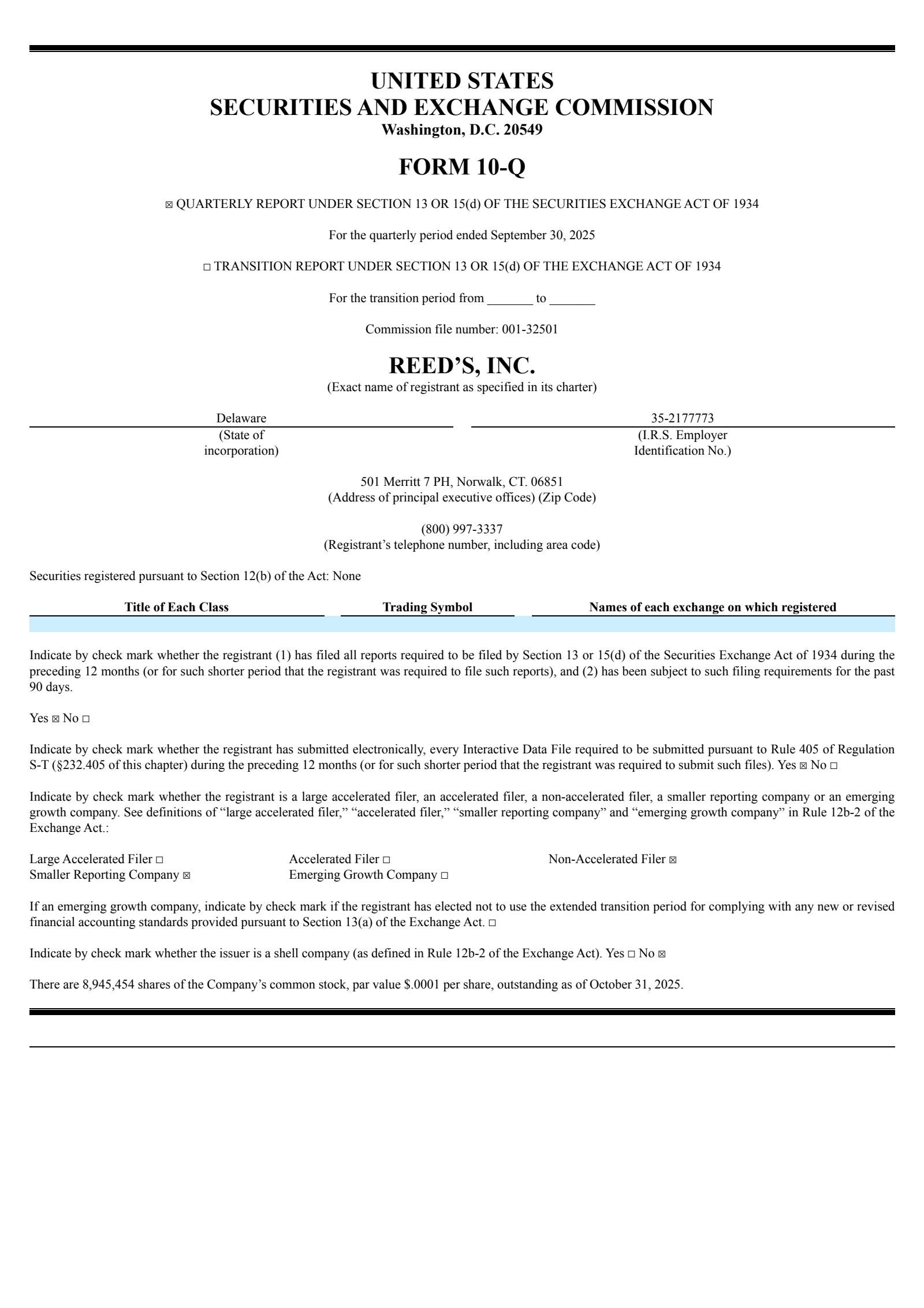 Reeds' Q3 2025 Quarterly Report