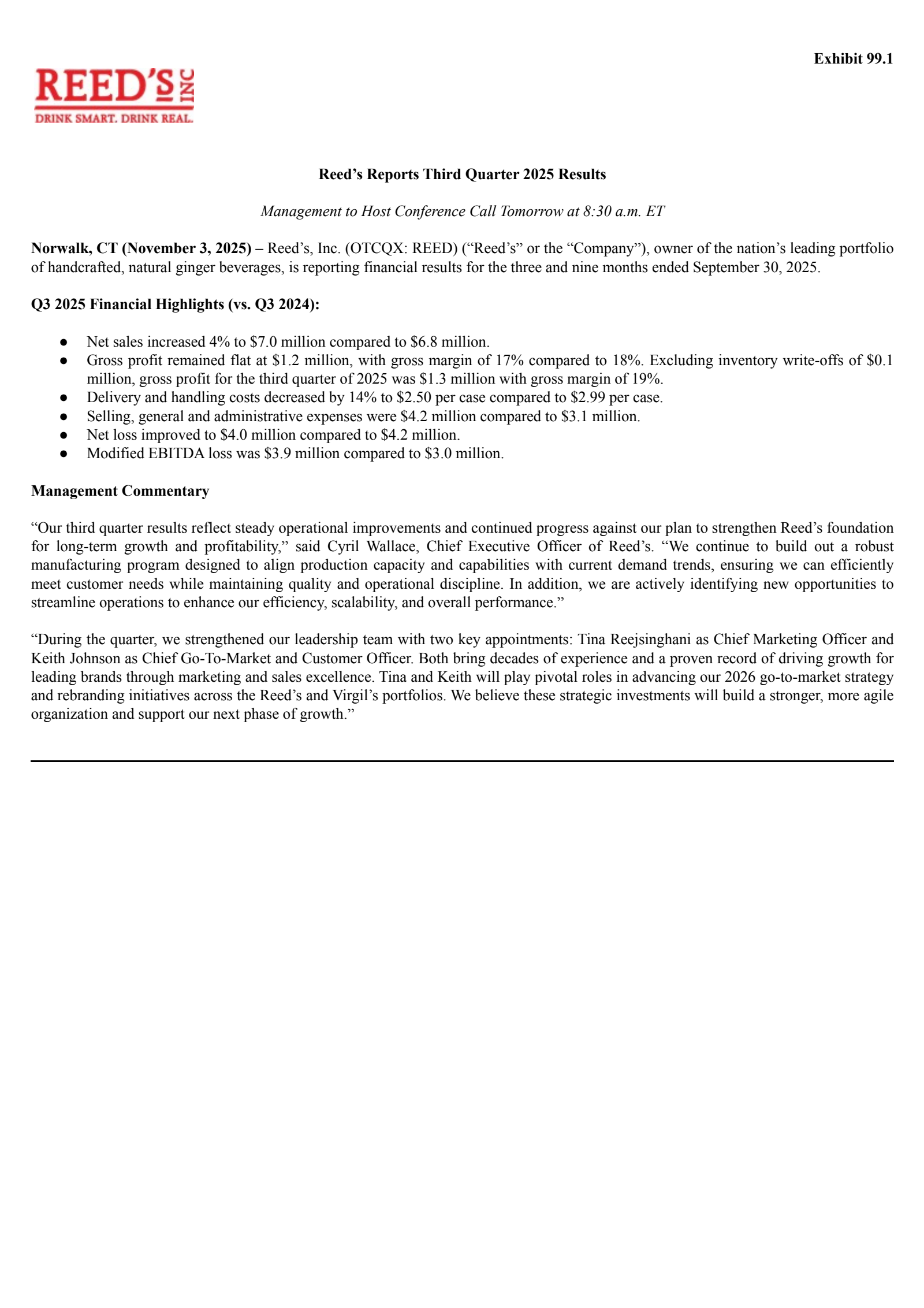 Reeds' Q3 2025 Earnings Release
