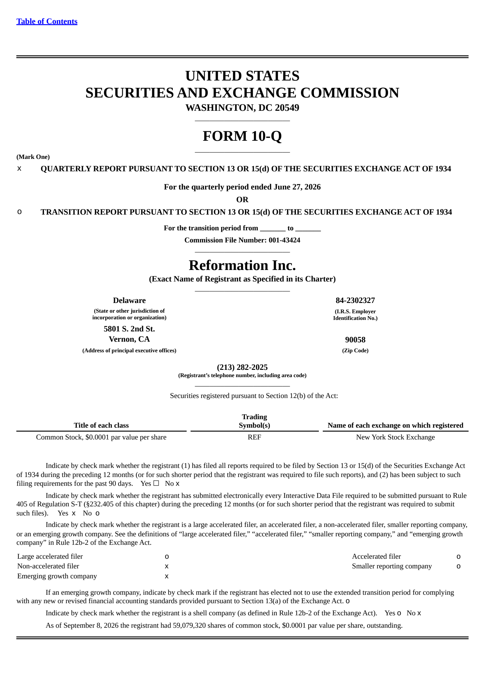 Reformation's Q2 2026 Quarterly report