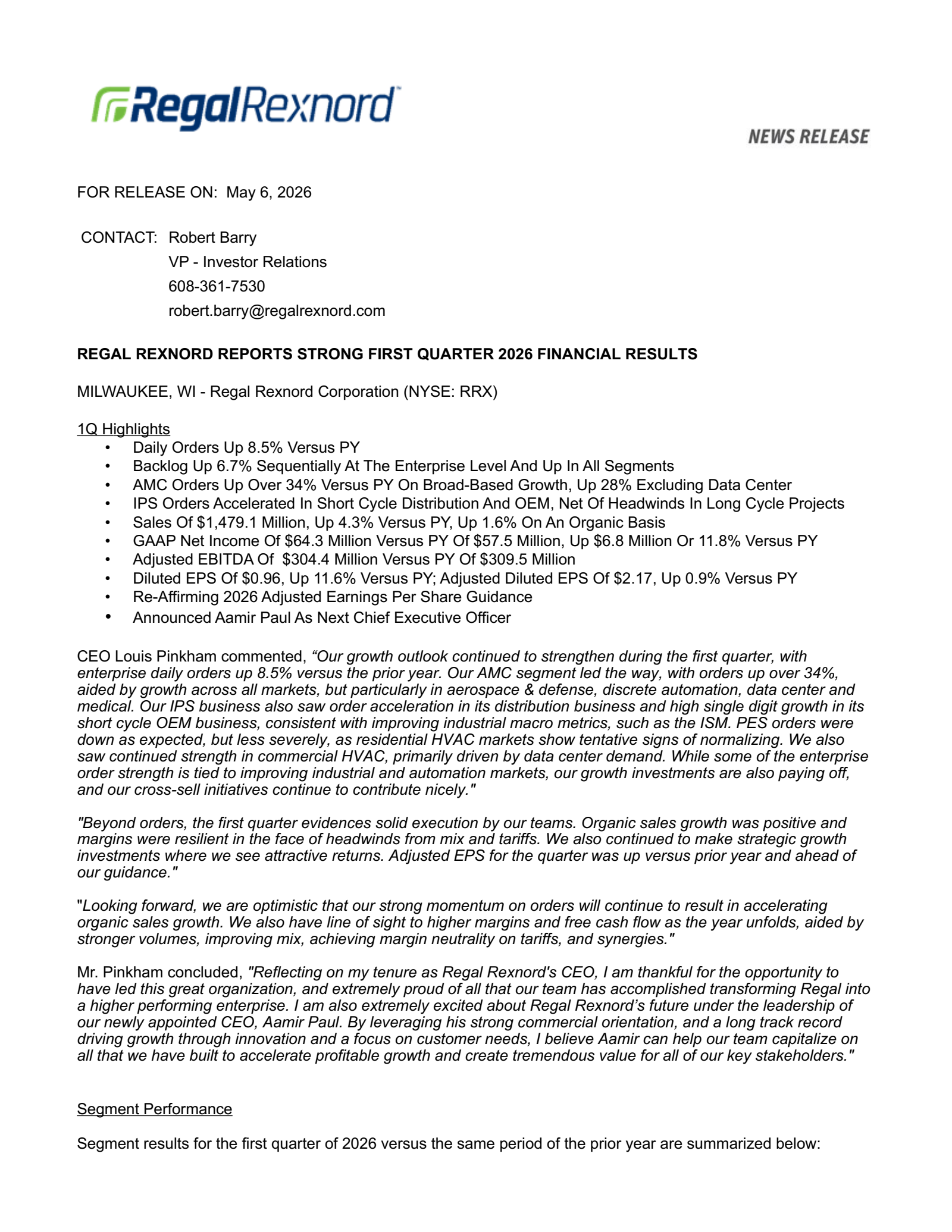Regal Rexnord's Q1 2026 Press Release