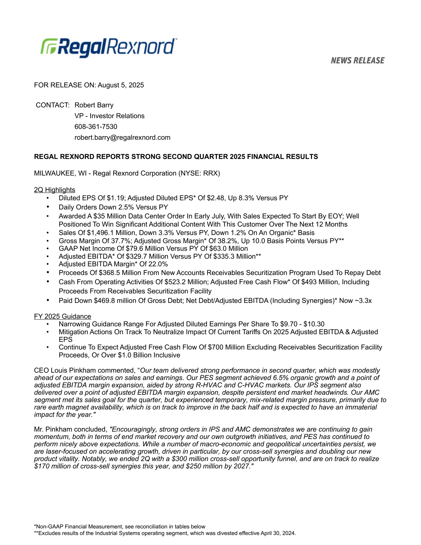 Regal Rexnord's Q2 2025 Press Release