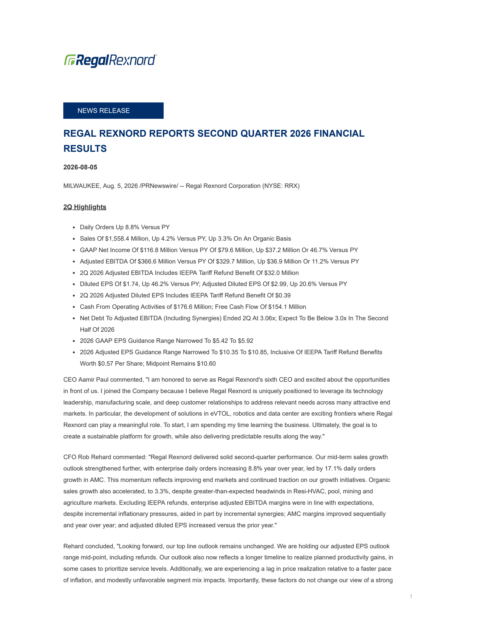 Regal Rexnord's Q2 2026 Press Release