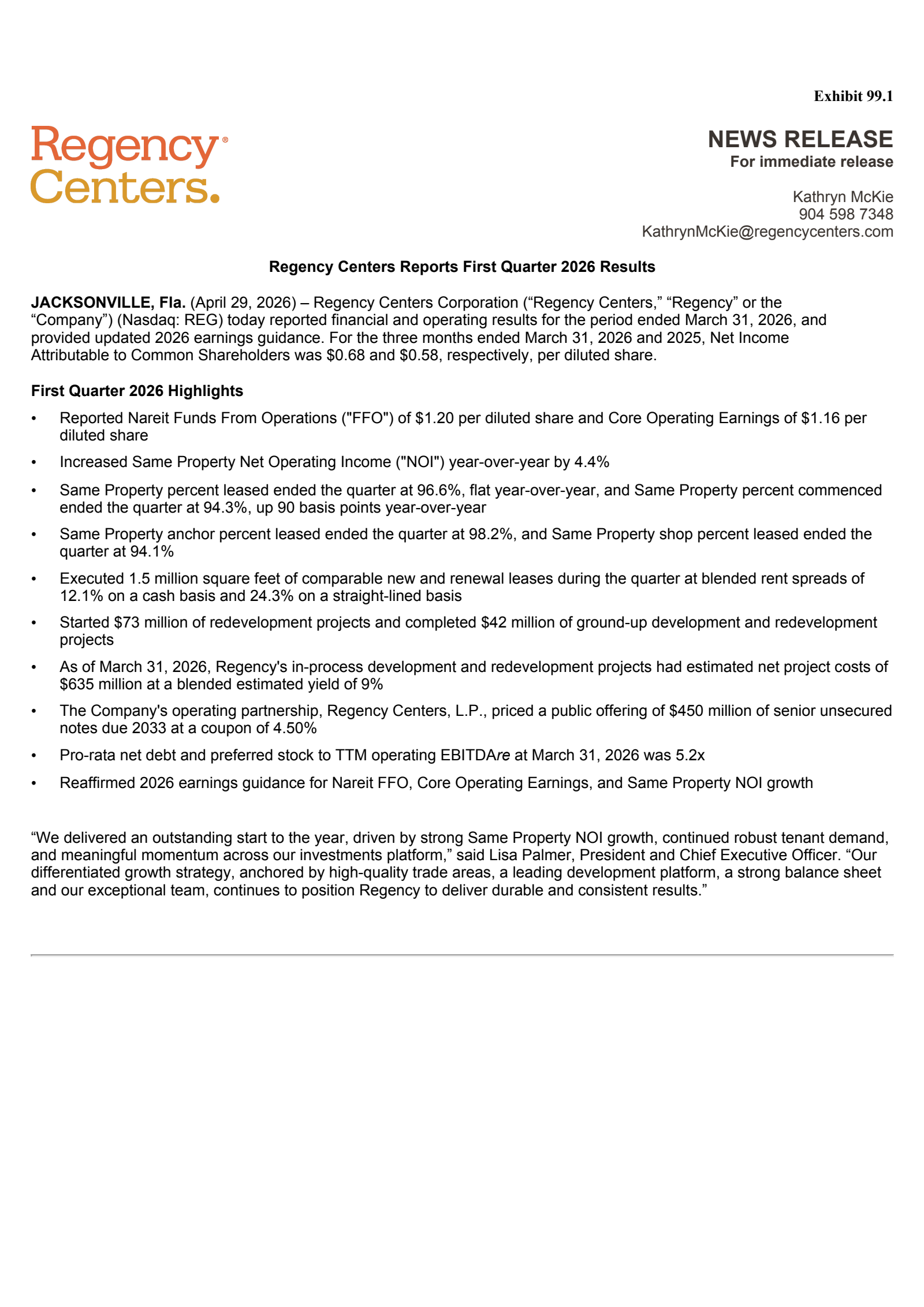 Regency Centers' Q1 2026 Press Release