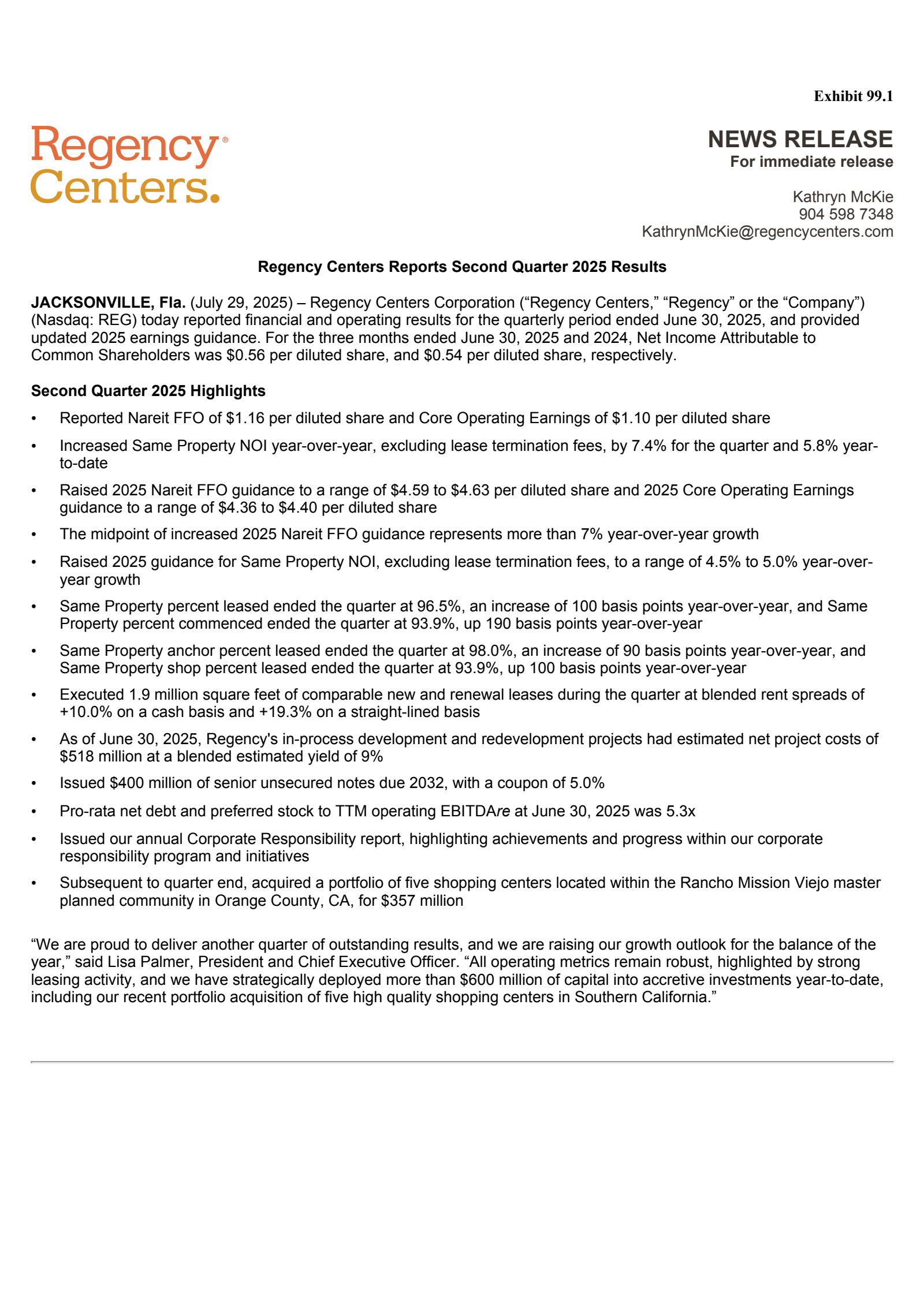 Regency Centers' Q2 2025 Press Release
