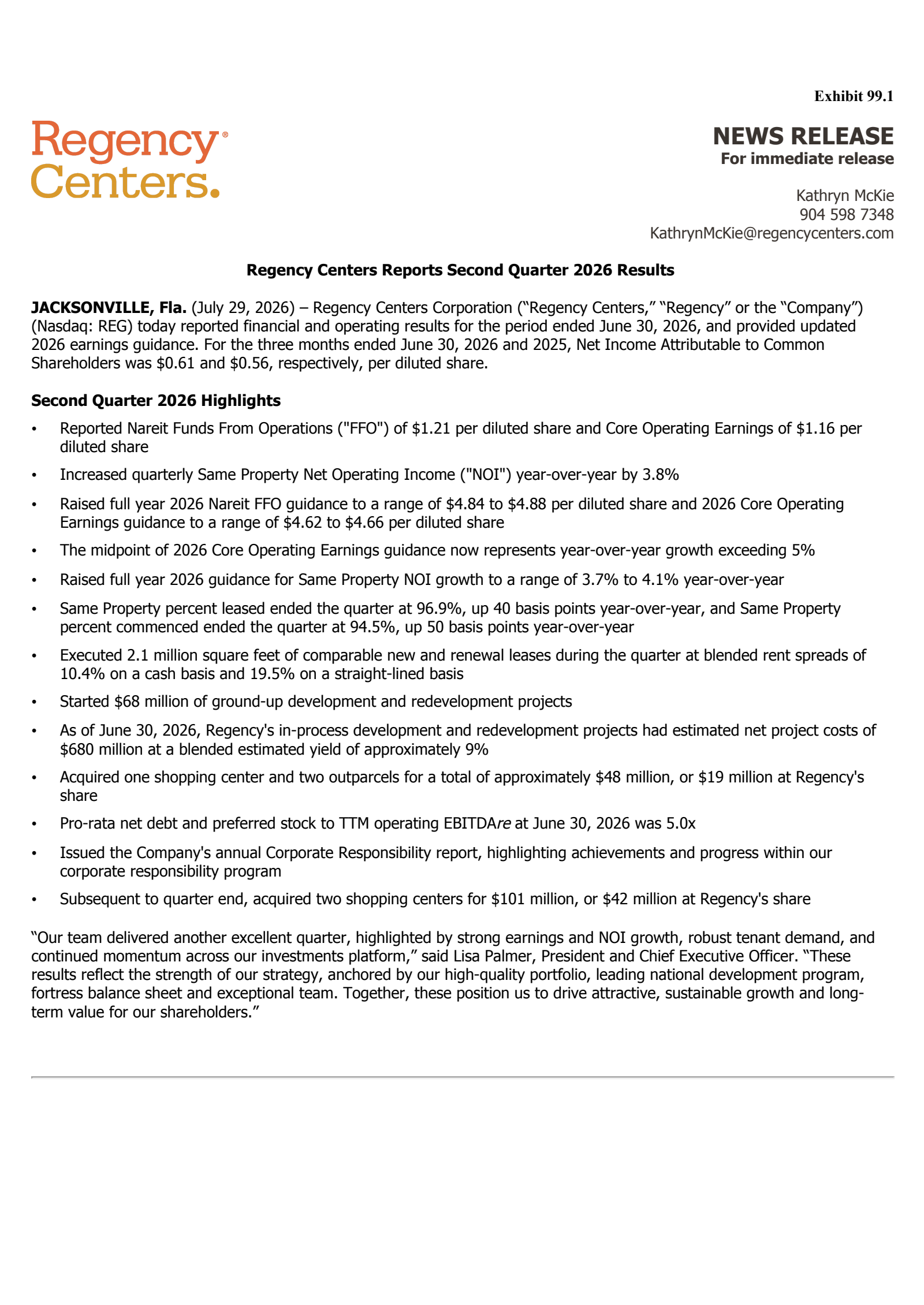 Regency Centers' Q2 2026 Press Release