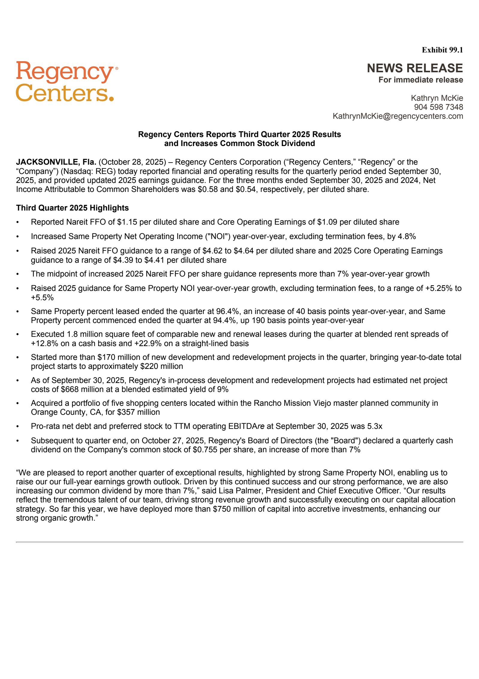 Regency Centers' Q3 2025 Earnings Release