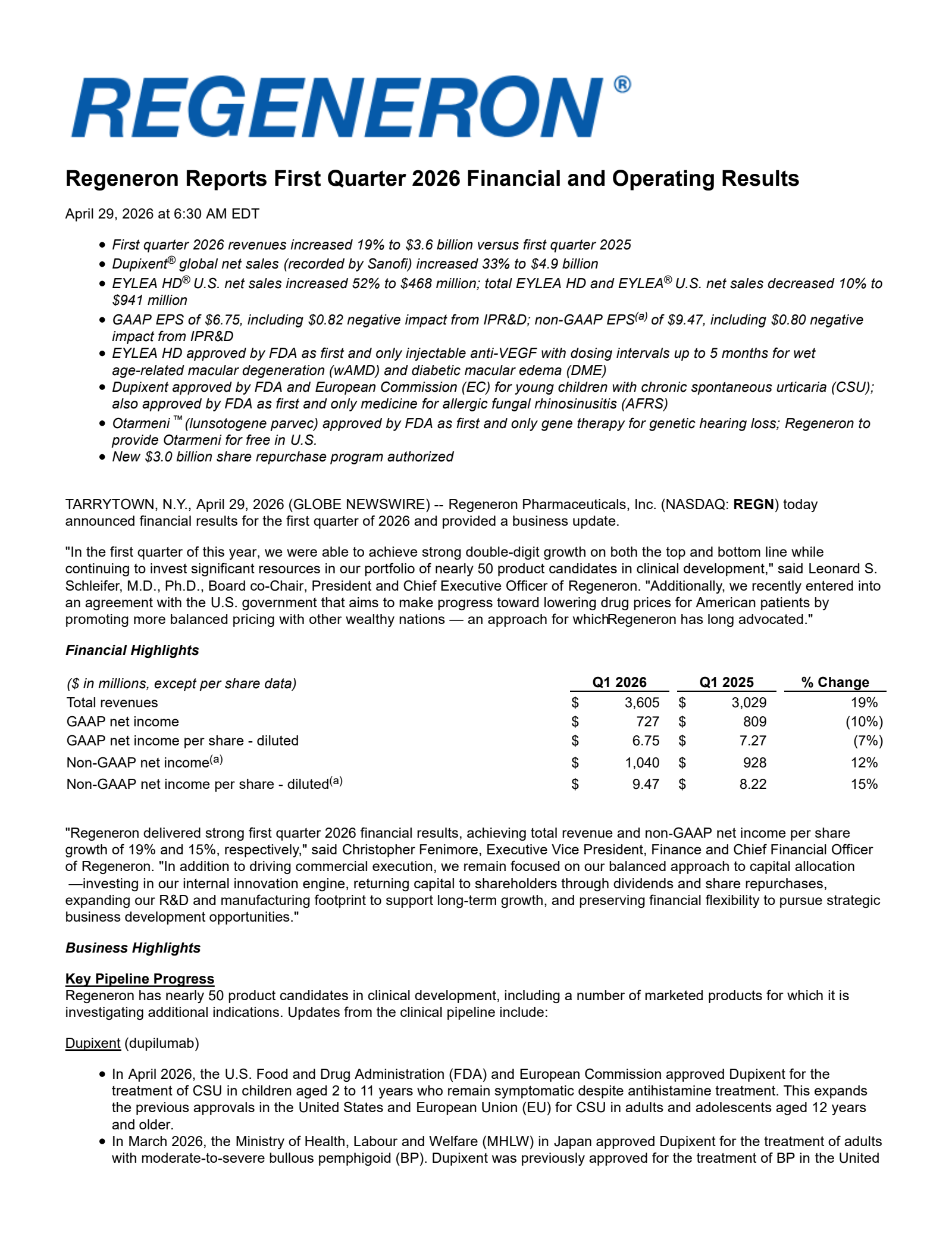 Regeneron Pharmaceuticals' Q1 2026 Press Release