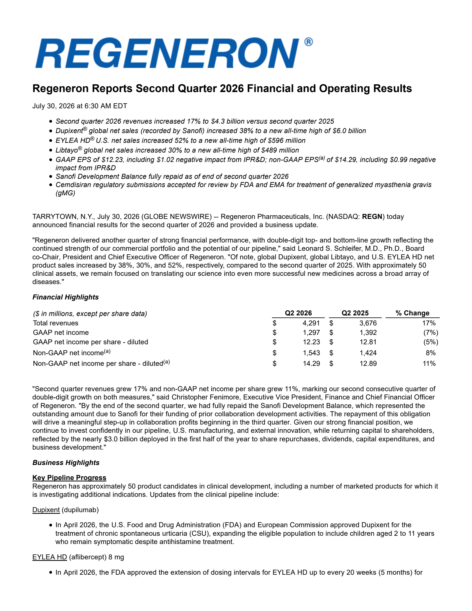 Regeneron Pharmaceuticals' Q2 2026 Press Release
