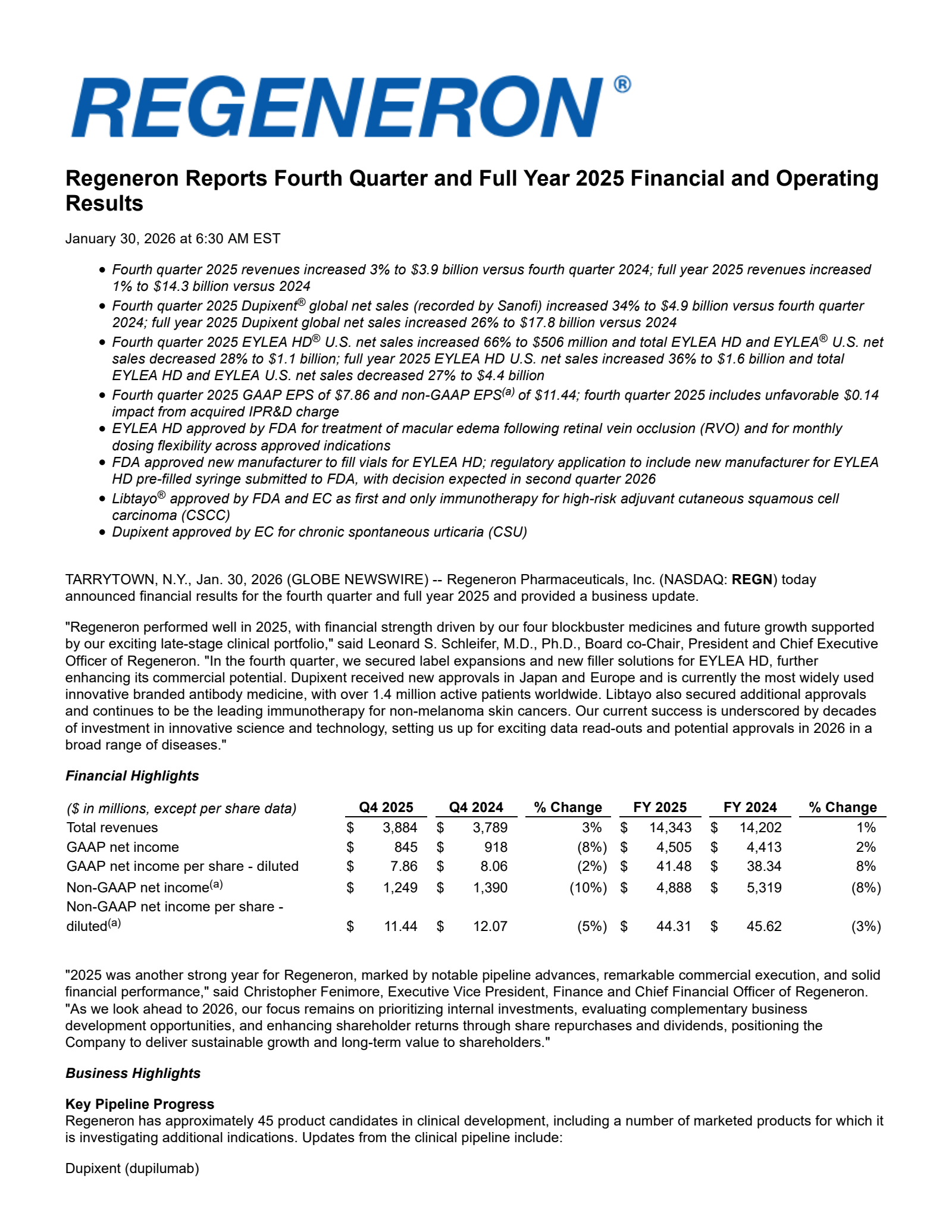 Regeneron Pharmaceuticals' Q4 2025 Press Release