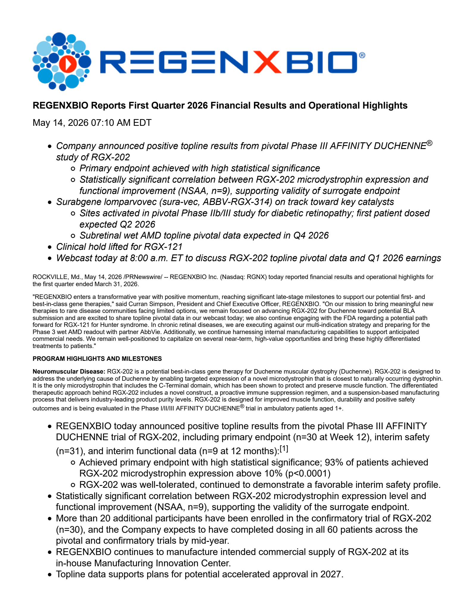 REGENXBIO's Q1 2026 Press Release