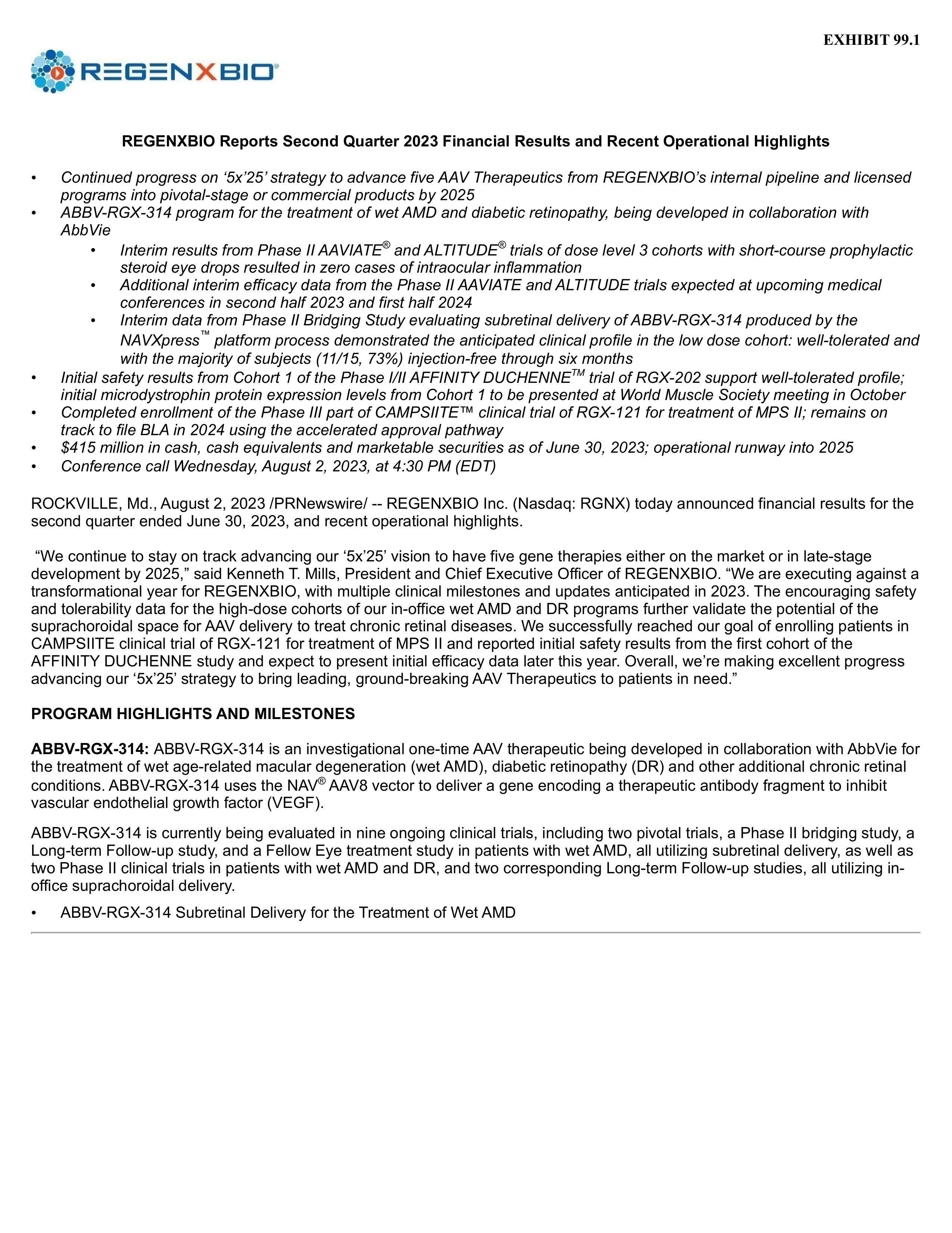 REGENXBIO's Q2 2023 Press Release
