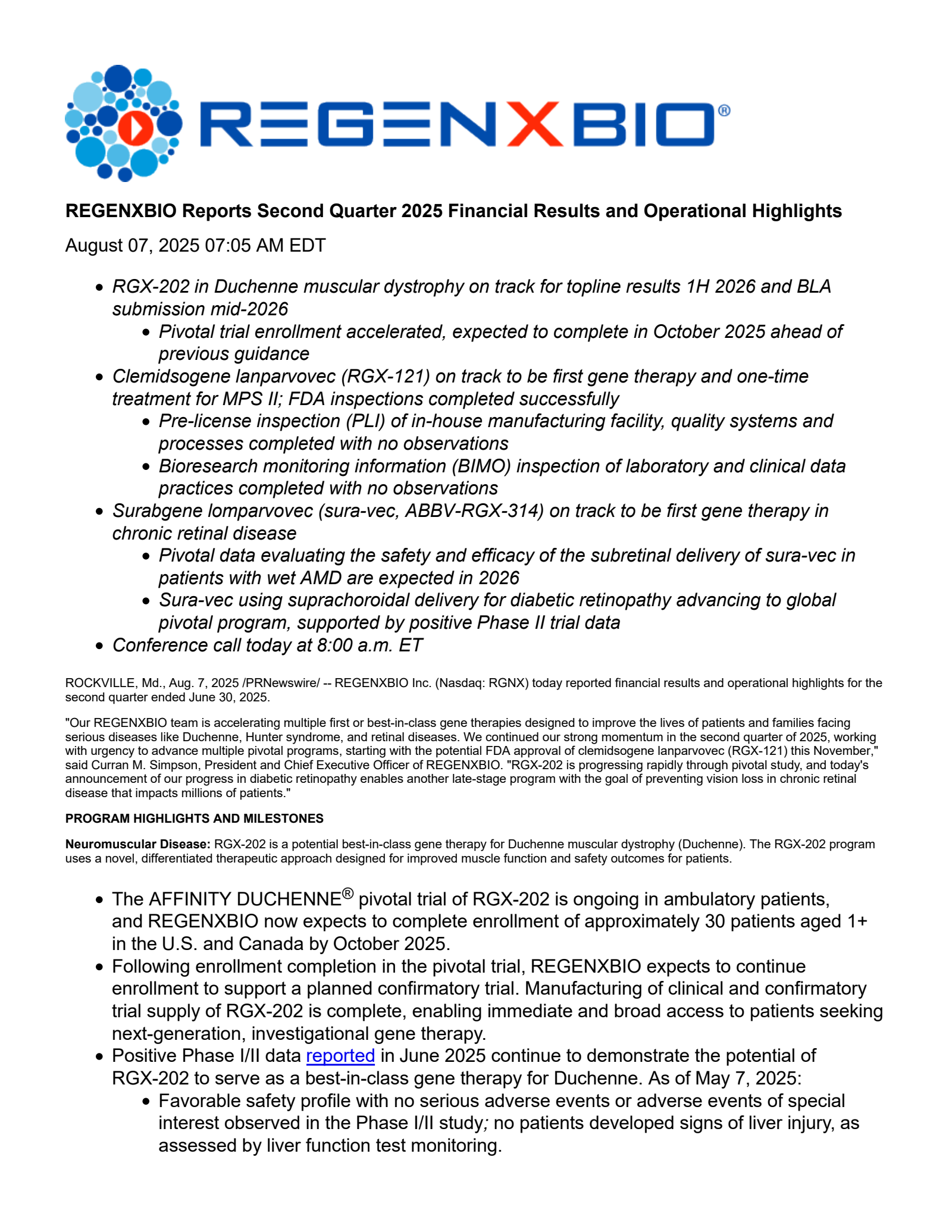 REGENXBIO's Q2 2025 Press Release