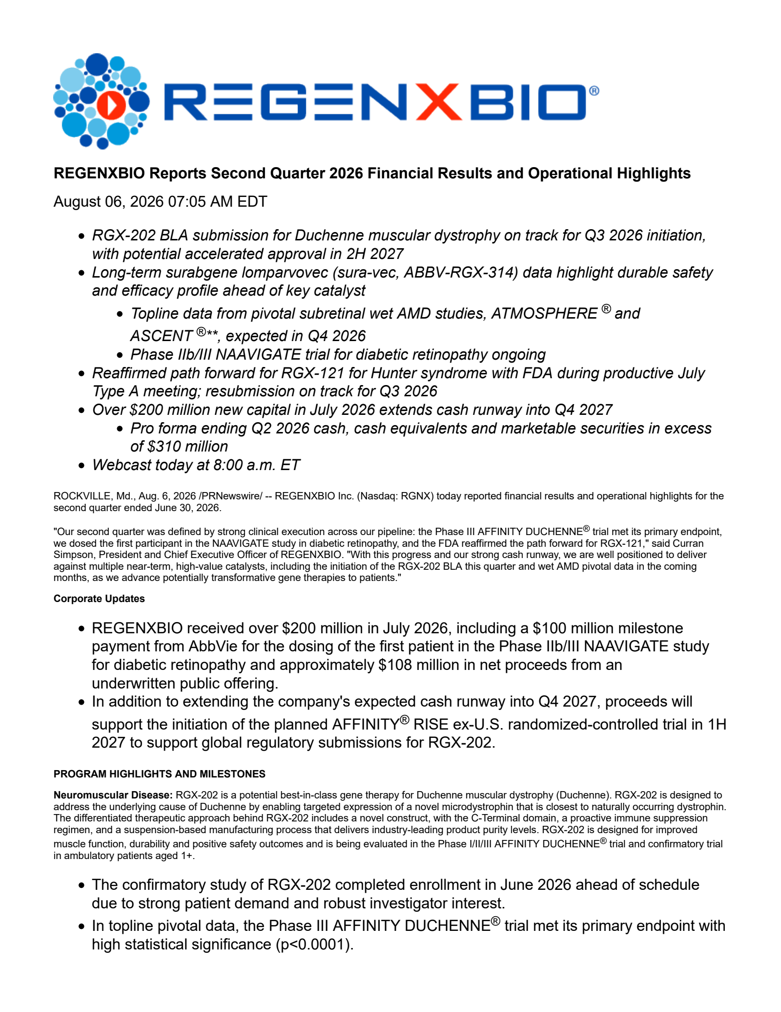 REGENXBIO's Q2 2026 Press Release